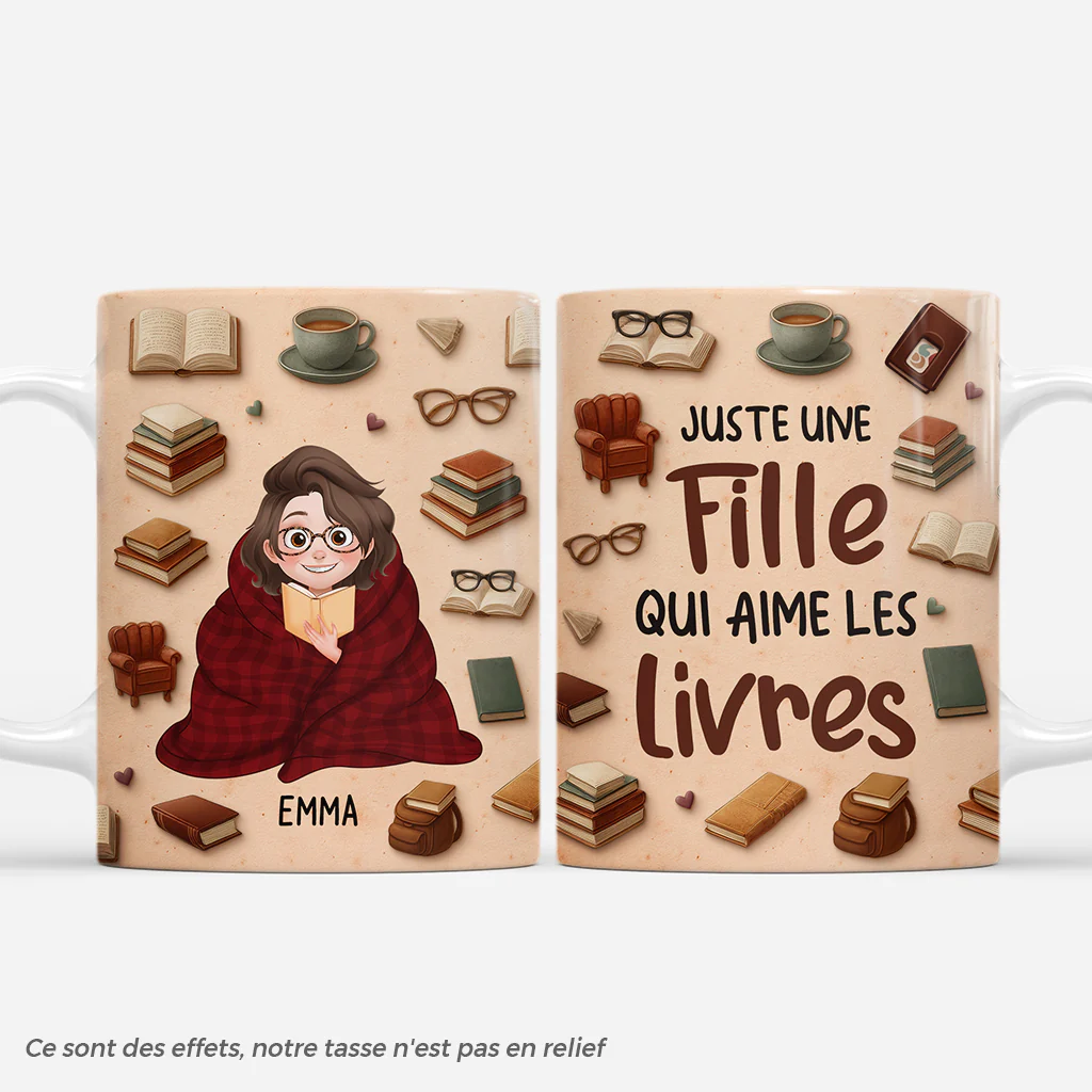 [Effet d'impression 3D] Mug Personnalisé Femme/Homme - Fille Qui Adore Lire Les Livres