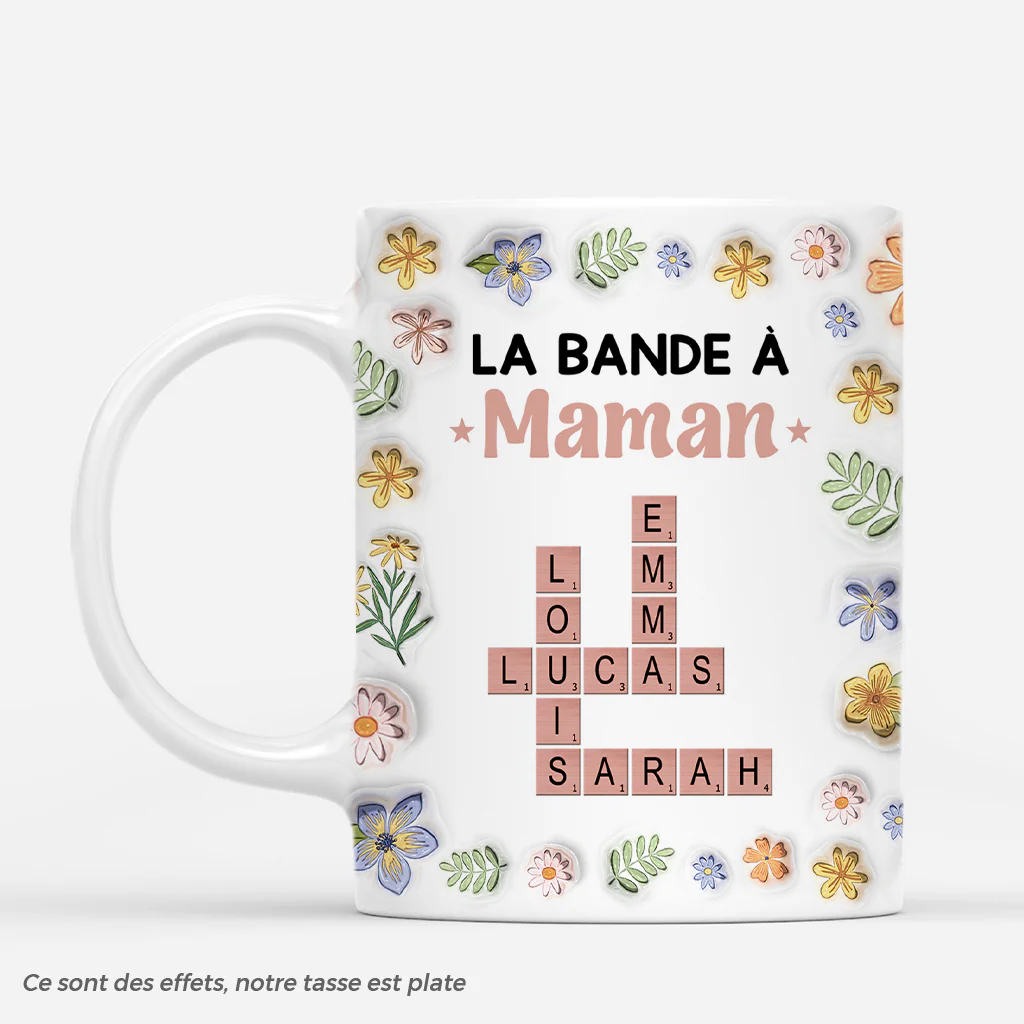 [Effet d'Impression 3D] Mug Personnalisé Maman - La Bande À Maman - Mots-Croisés Et Fleurs