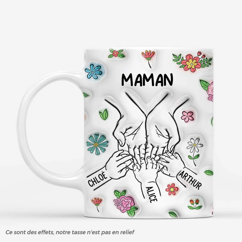 [Effet d'Impression 3D] Mug Personnalisé Maman - Mains Touchant Design Coloré