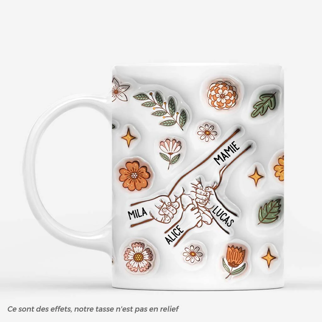 [Effet d'Impression 3D] Tasse personnalisée mamie – Mains & fleurs vintage