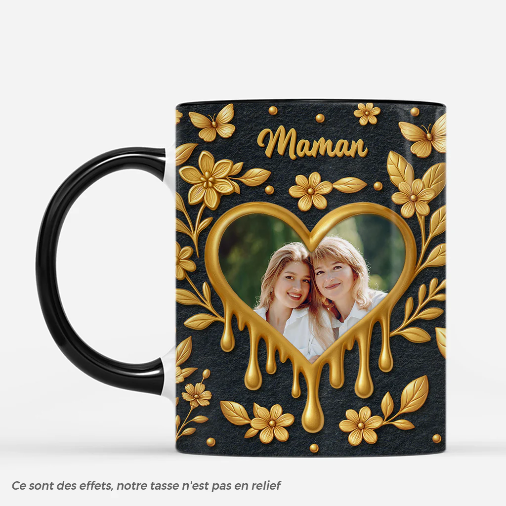 Tasse Personnalisée pour Maman - Photo Dans Le Cœur en Or - Design 3D