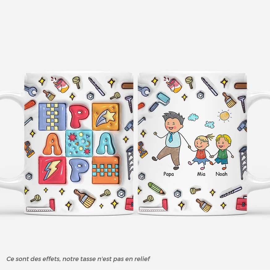 [Effet d'Impression 3D] Mug Personnalisé - Papa Bricoleur - Dessin Crayon Version Patchwork
