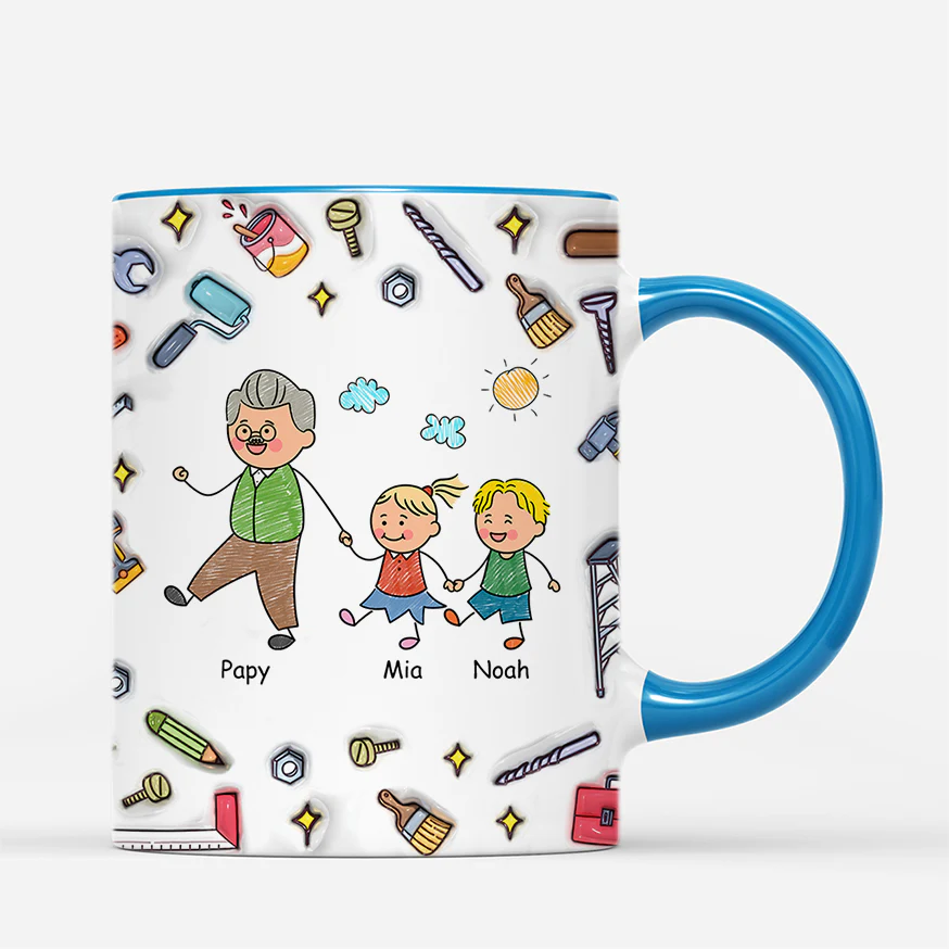 [Effet d'Impression 3D] Mug Personnalisé - Papa Bricoleur - Dessin Crayon Version Patchwork - Image 3