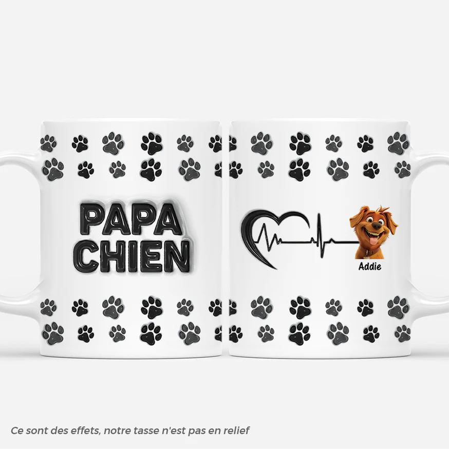 [Effet d'Impression 3D] Mug Personnalisé Papa - Papa Chien Cœur - Version Noir