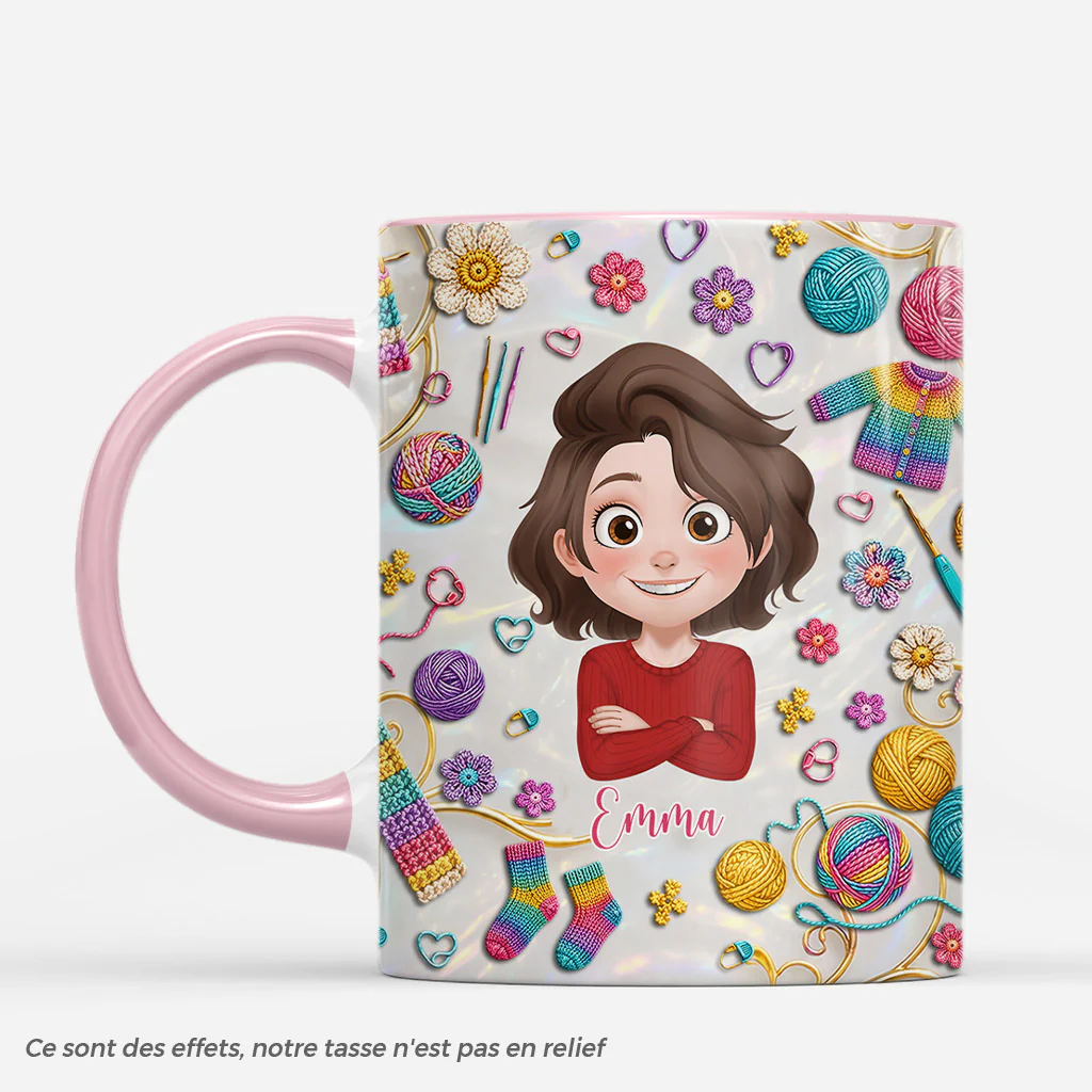 [Effet d'impression 3D] Cadeau Personnalisé Femme - Mug Personnalisé Prénom Pour Tricoteuse Dessin Laine