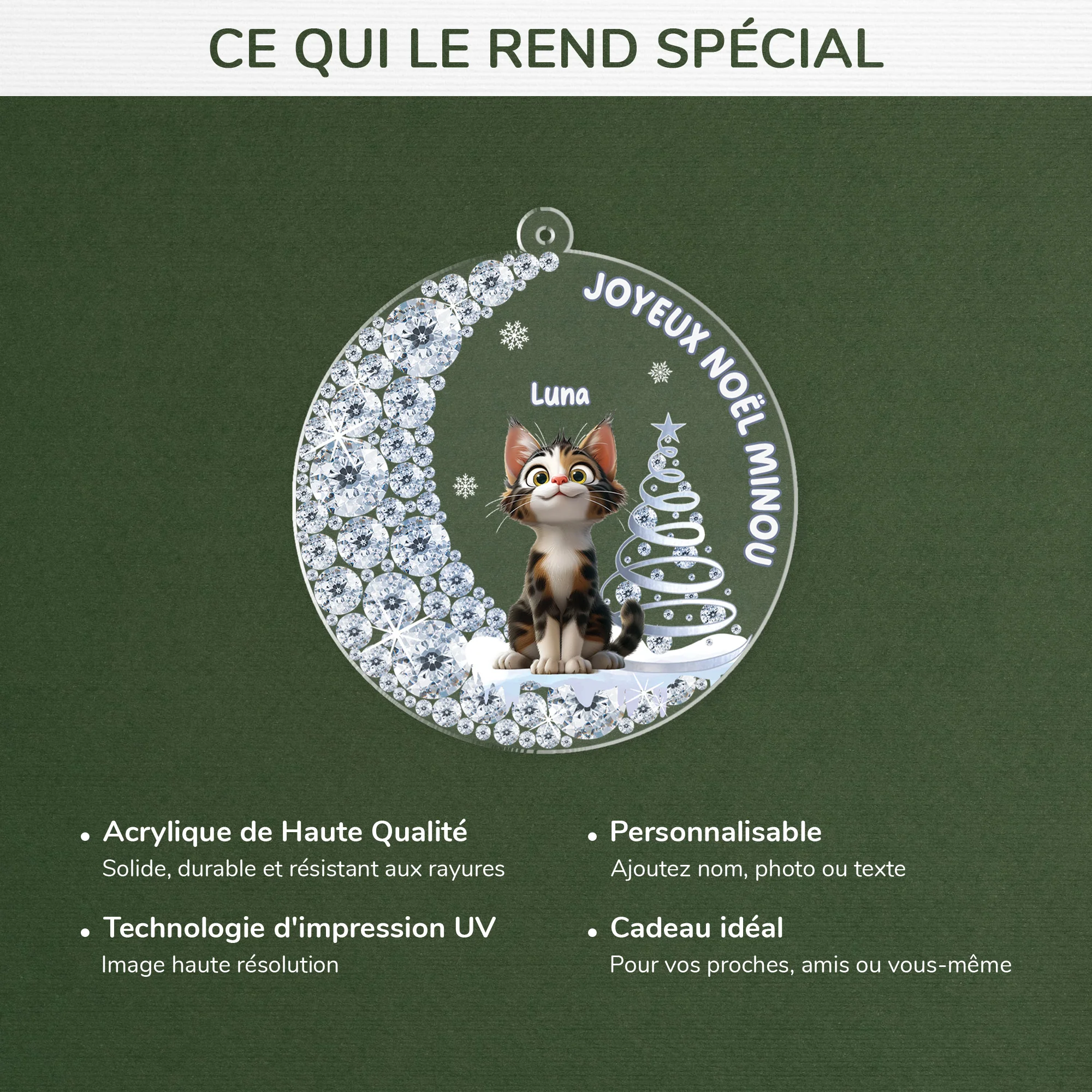 [Effet d'impression 3D] Ornement Acrylique Personnalisé Chat - Joyeux Noël Minou - Image 4