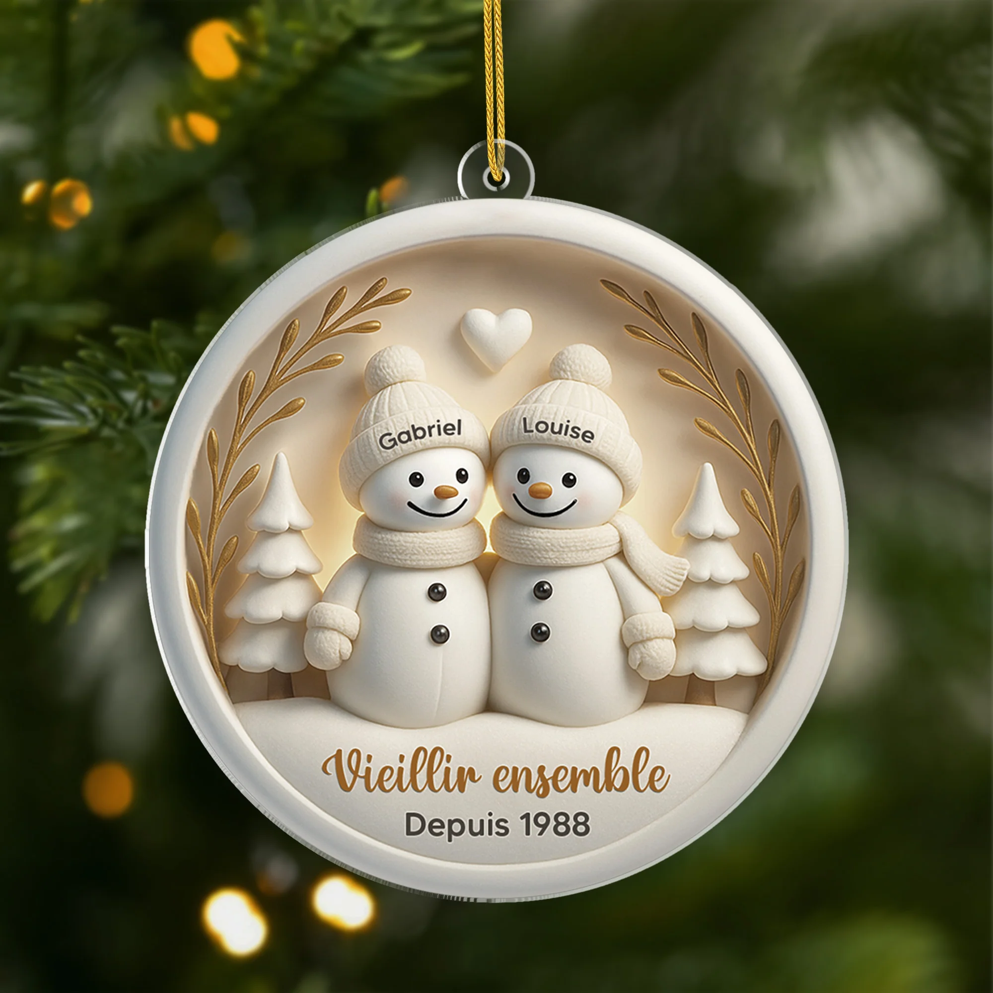 [Effet d'impression 3D] Ornement Acrylique Personnalisé Couple - Vieillir Ensemble De Noël Blanc