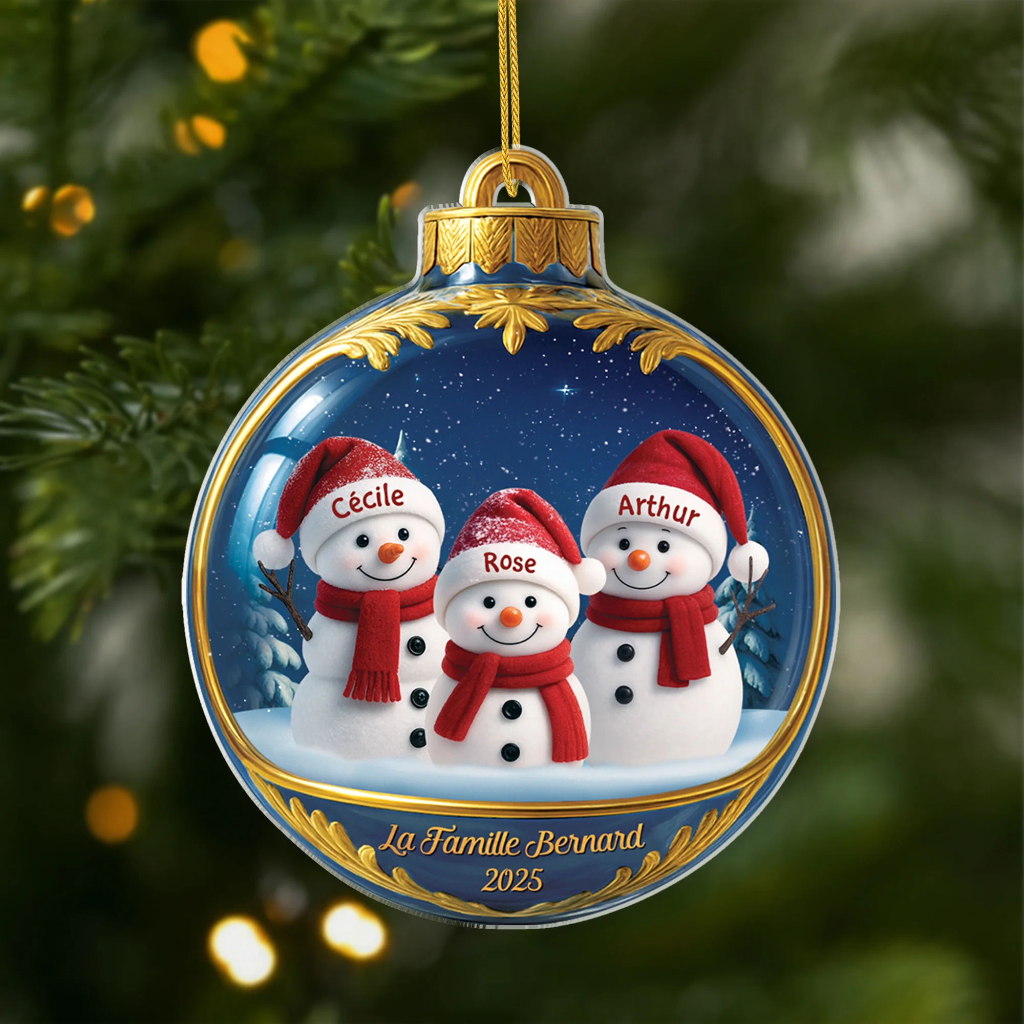 [Effet d'impression 3D] Ornement Acrylique Personnalisé Famille - Boule Noël Bonhomme De Neige