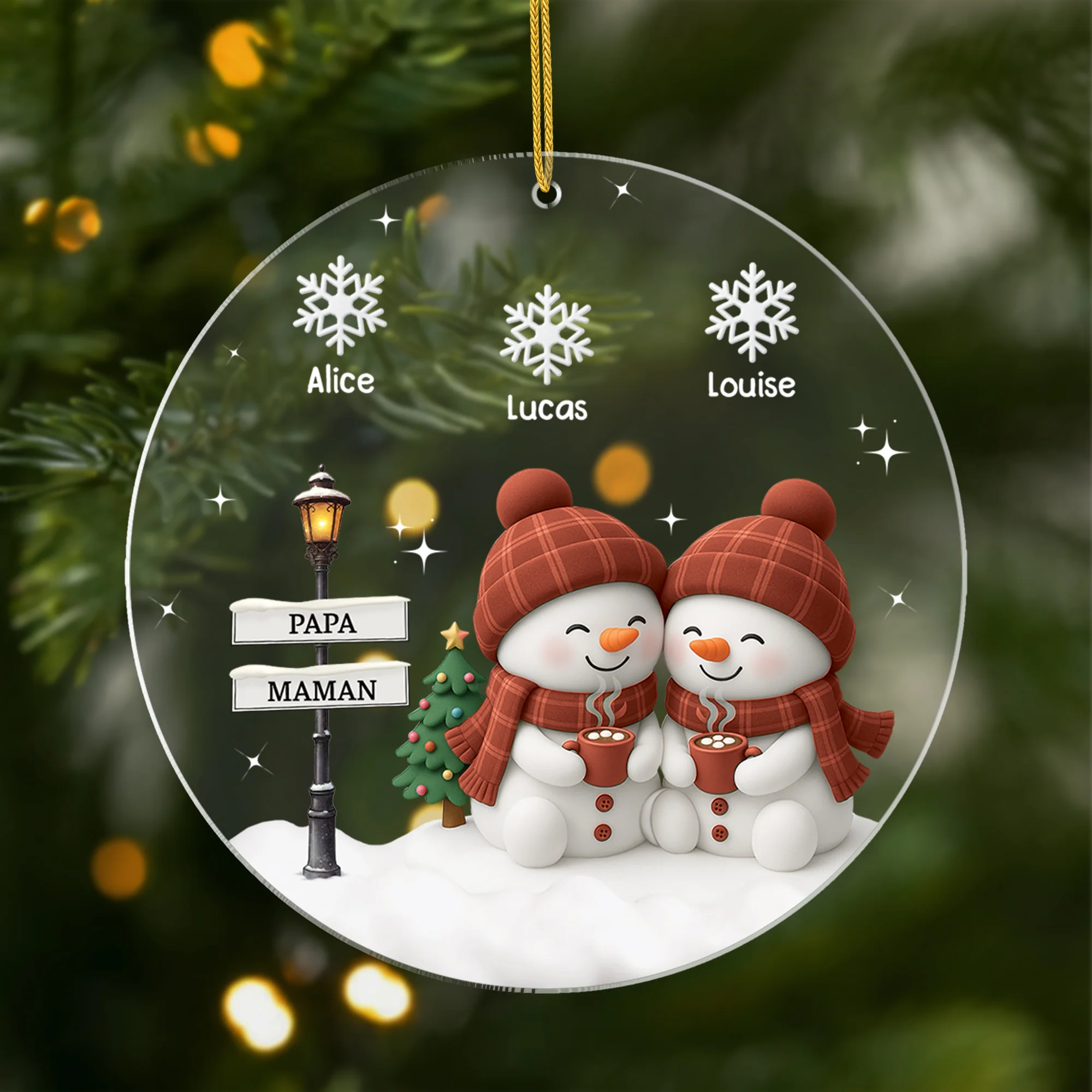 [Effet d'impression 3D] Ornement Acrylique Personnalisé Famille - Grands-parents/Parents Bonhomme De Neige