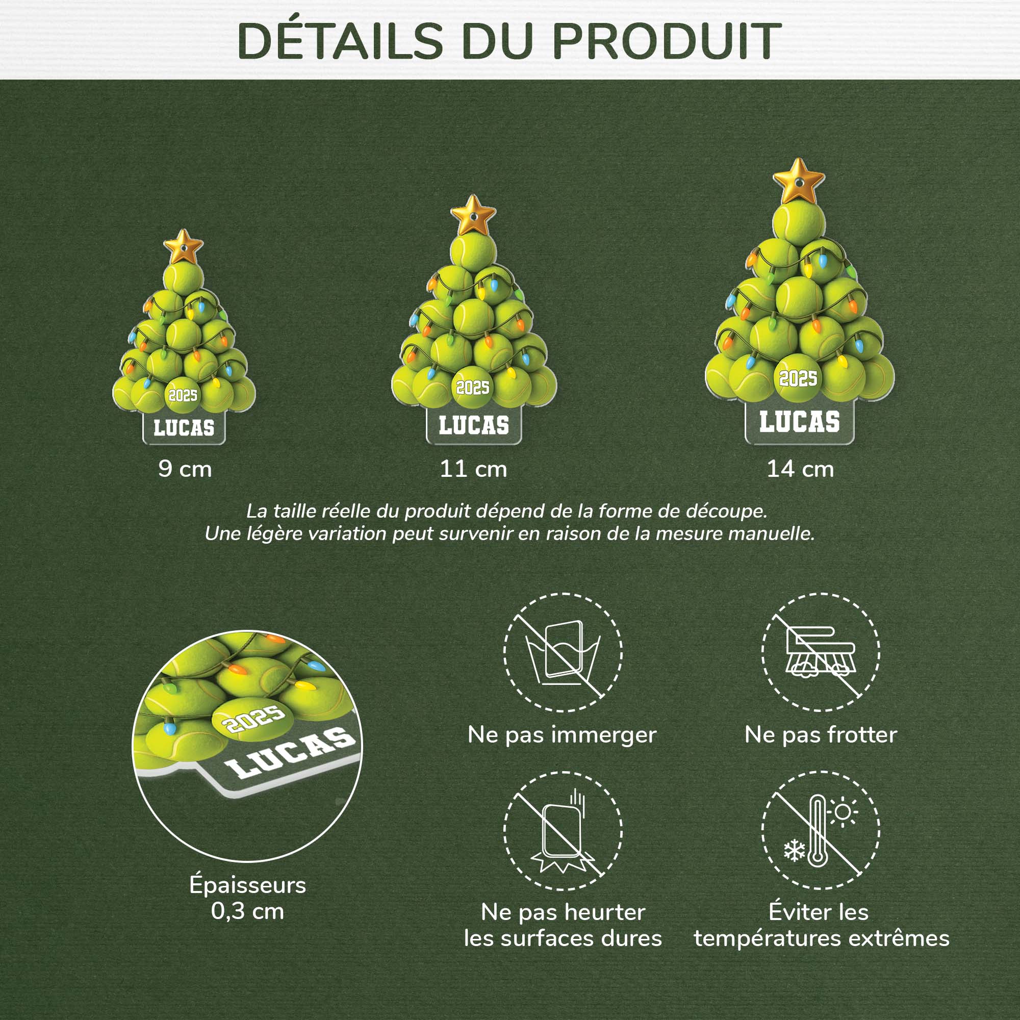 [Effet d'impression 3D] Ornement Acrylique Personnalisé Pour Femme Et Homme - Sapin Noël En Balles De Tennis - Image 3