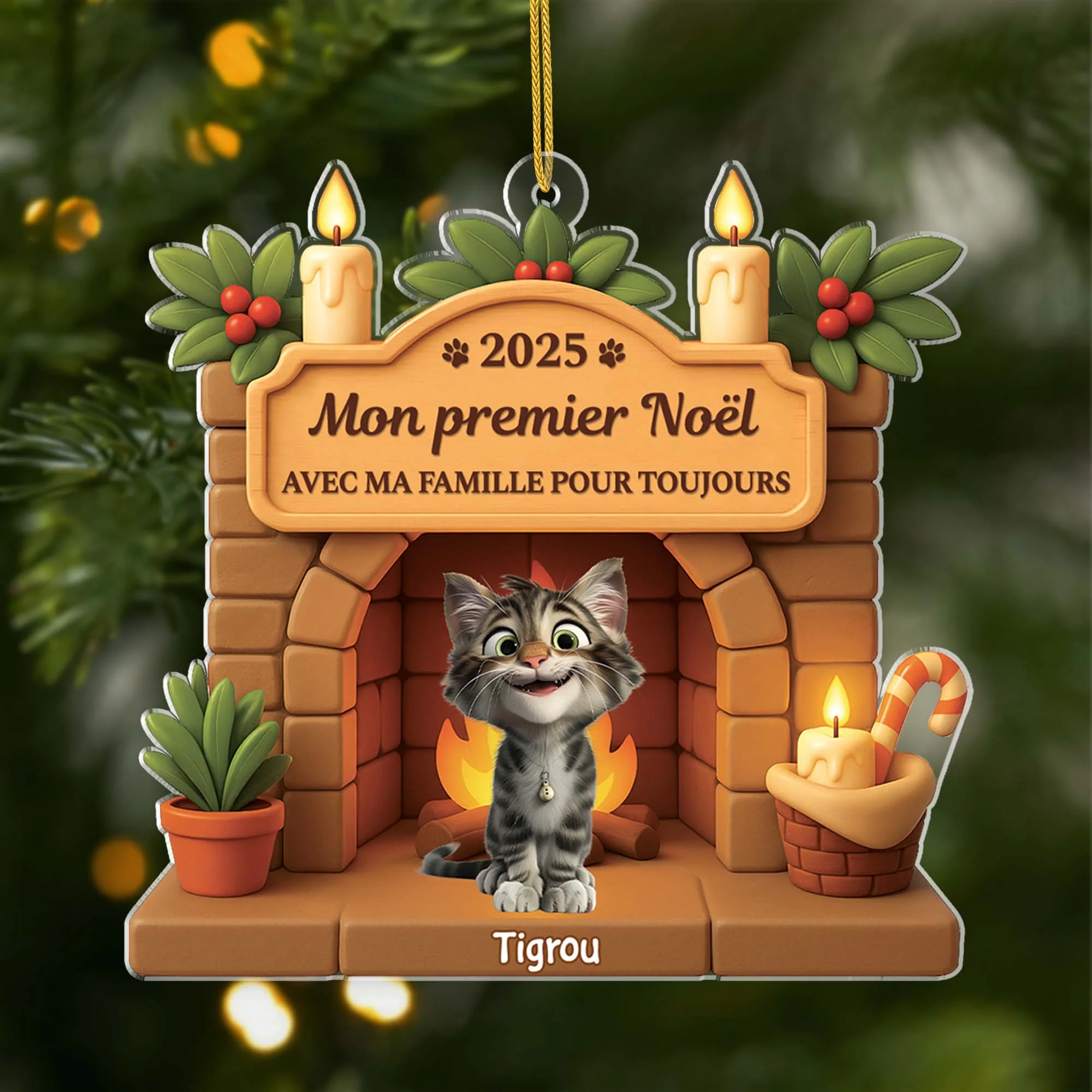[Effet d'impression 3D] Ornement Acrylique Personnalisé - Premier Noël Chat Avec Ma Famille Pour Toujours