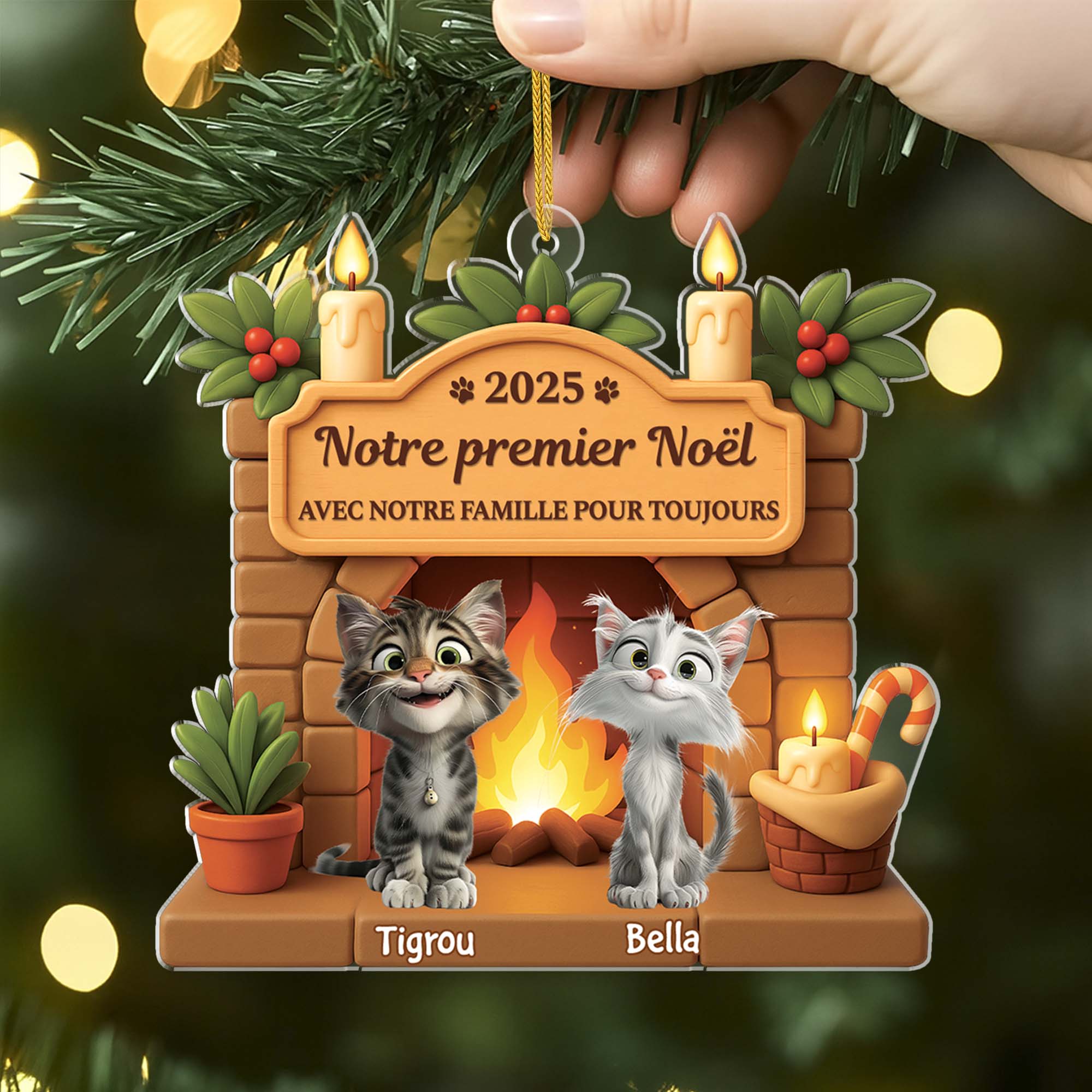 [Effet d'impression 3D] Ornement Acrylique Personnalisé - Premier Noël Chat Avec Ma Famille Pour Toujours - Image 2