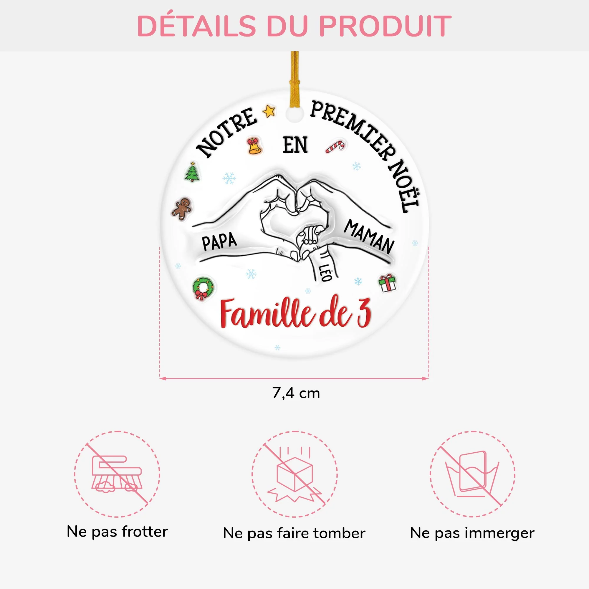 [Effet d'impression 3D] Ornement Céramique Personnalisé - Notre Premier Noël En Famille De 3 - Image 3
