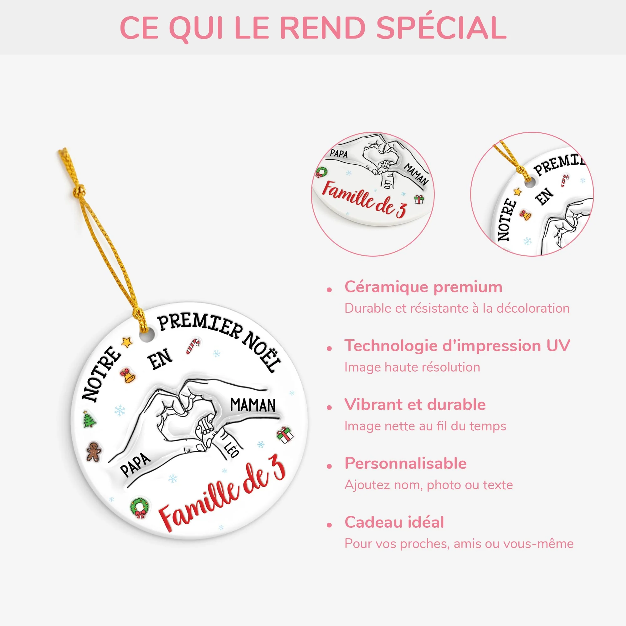 [Effet d'impression 3D] Ornement Céramique Personnalisé - Notre Premier Noël En Famille De 3 - Image 4
