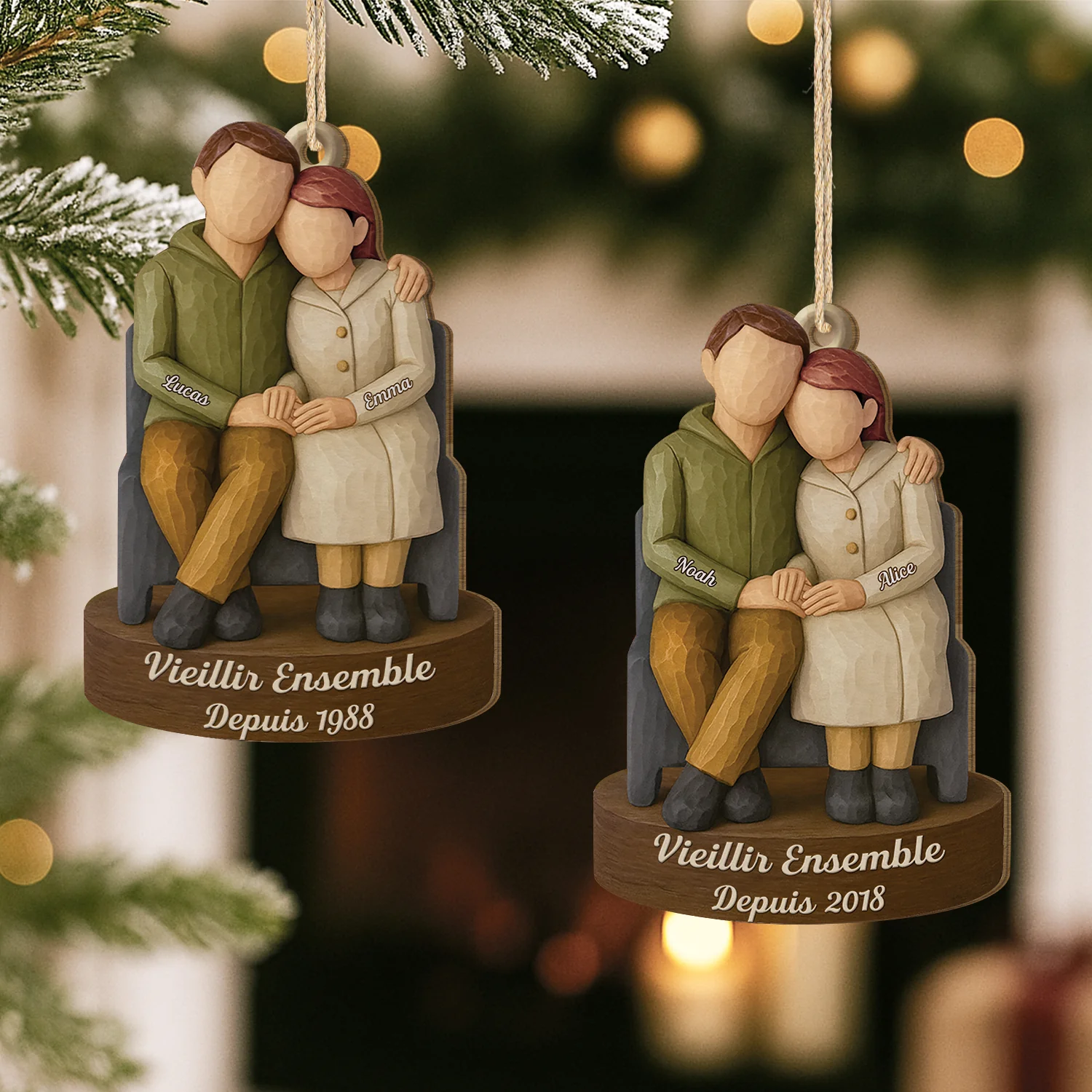 [Effet d'impression 3D] Ornement De Noël En Bois À 1 Couche Personnalisé - Vieillir Ensemble Avec Couple - Image 2