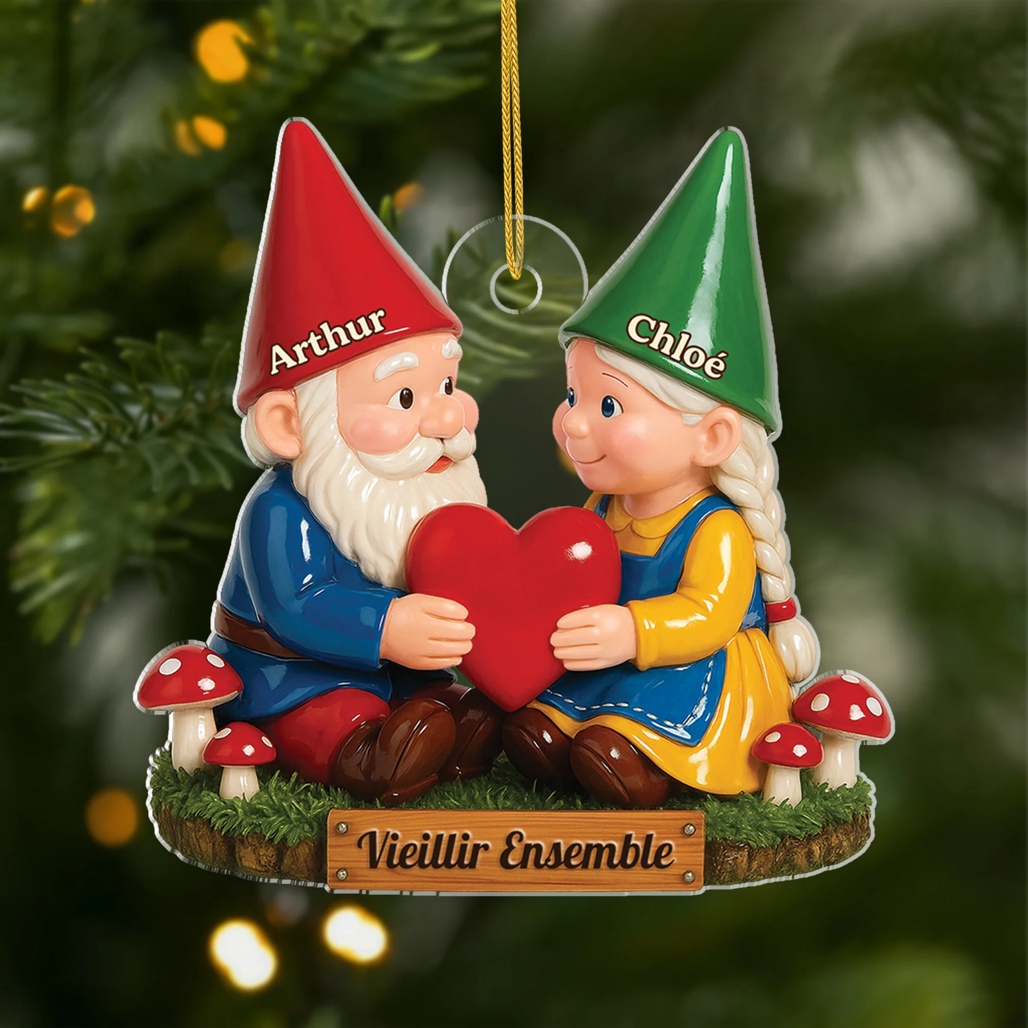 [Effet d'impression 3D] Ornement Noël Acrylique Personnalisé Couple Gnome - Vieillir Ensemble Avec Cœur