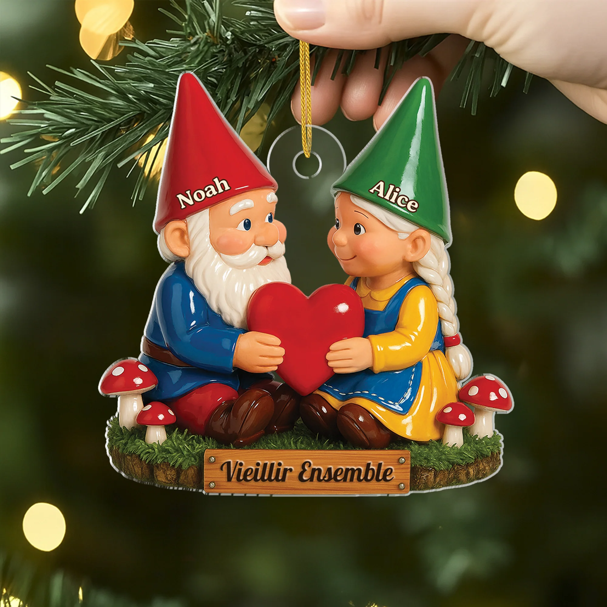 [Effet d'impression 3D] Ornement Noël Acrylique Personnalisé Couple Gnome - Vieillir Ensemble Avec Cœur - Image 2