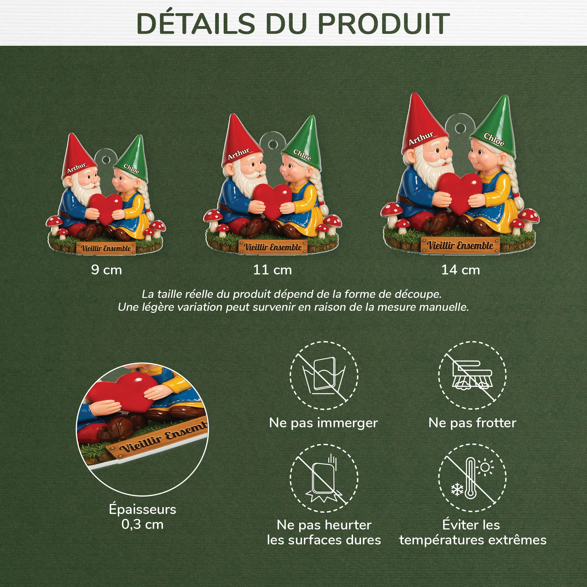[Effet d'impression 3D] Ornement Noël Acrylique Personnalisé Couple Gnome - Vieillir Ensemble Avec Cœur - Image 3