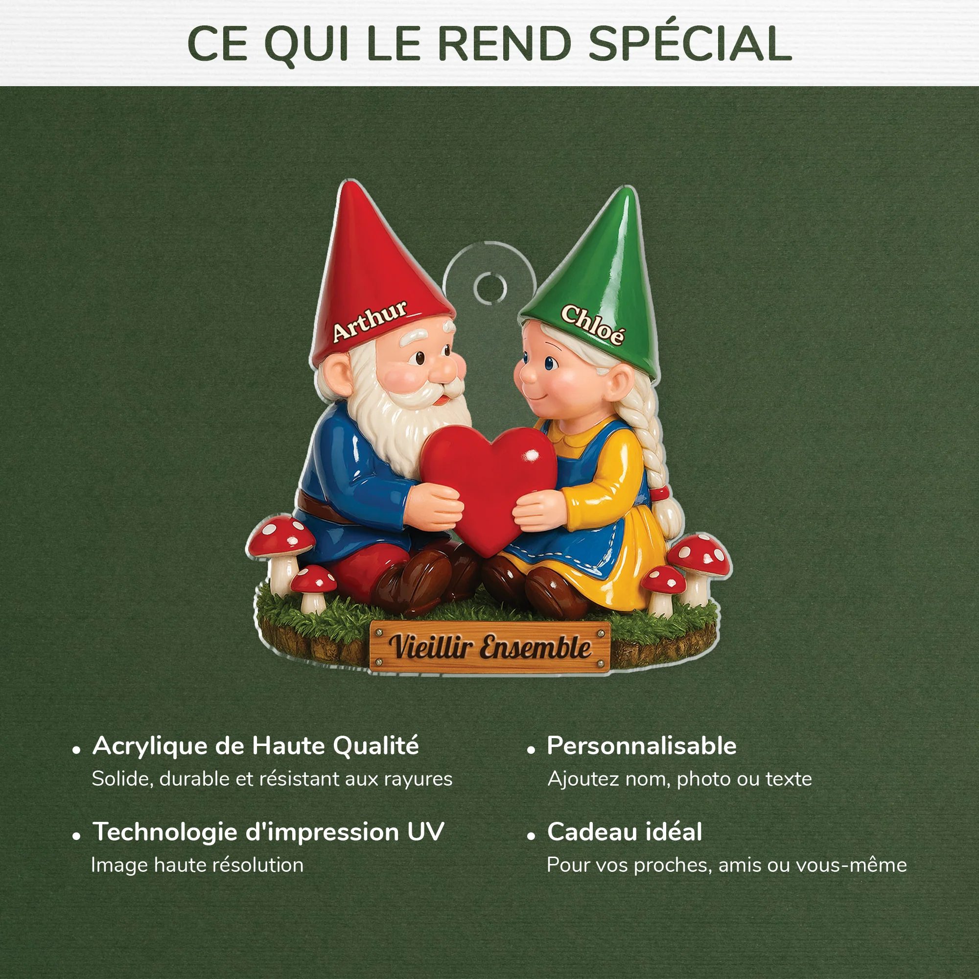 [Effet d'impression 3D] Ornement Noël Acrylique Personnalisé Couple Gnome - Vieillir Ensemble Avec Cœur - Image 4