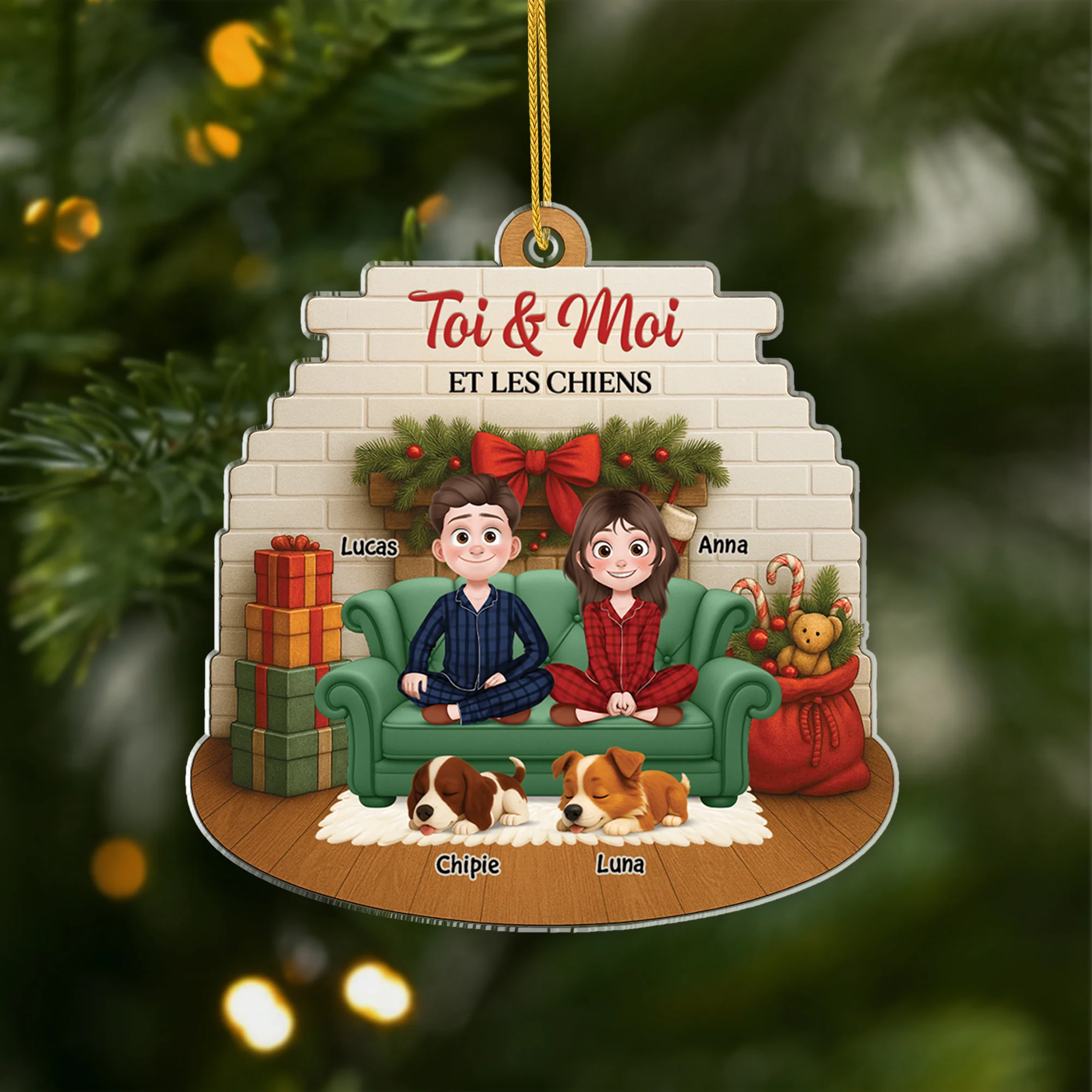 [Effet d'impression 3D] Ornement Noël Acrylique Personnalisé Couple - Toi Et Moi Et Nos Chiens