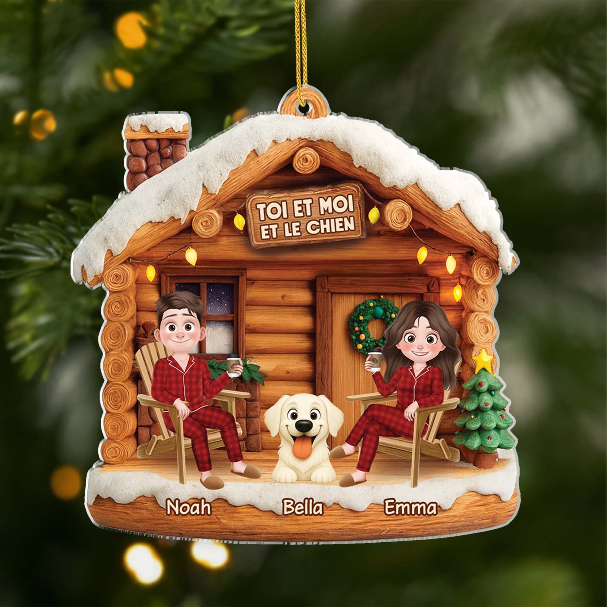 [Effet d'impression 3D] Ornement Noël Personnalisé Acrylique Couple - Toi & Moi Et Le Chien