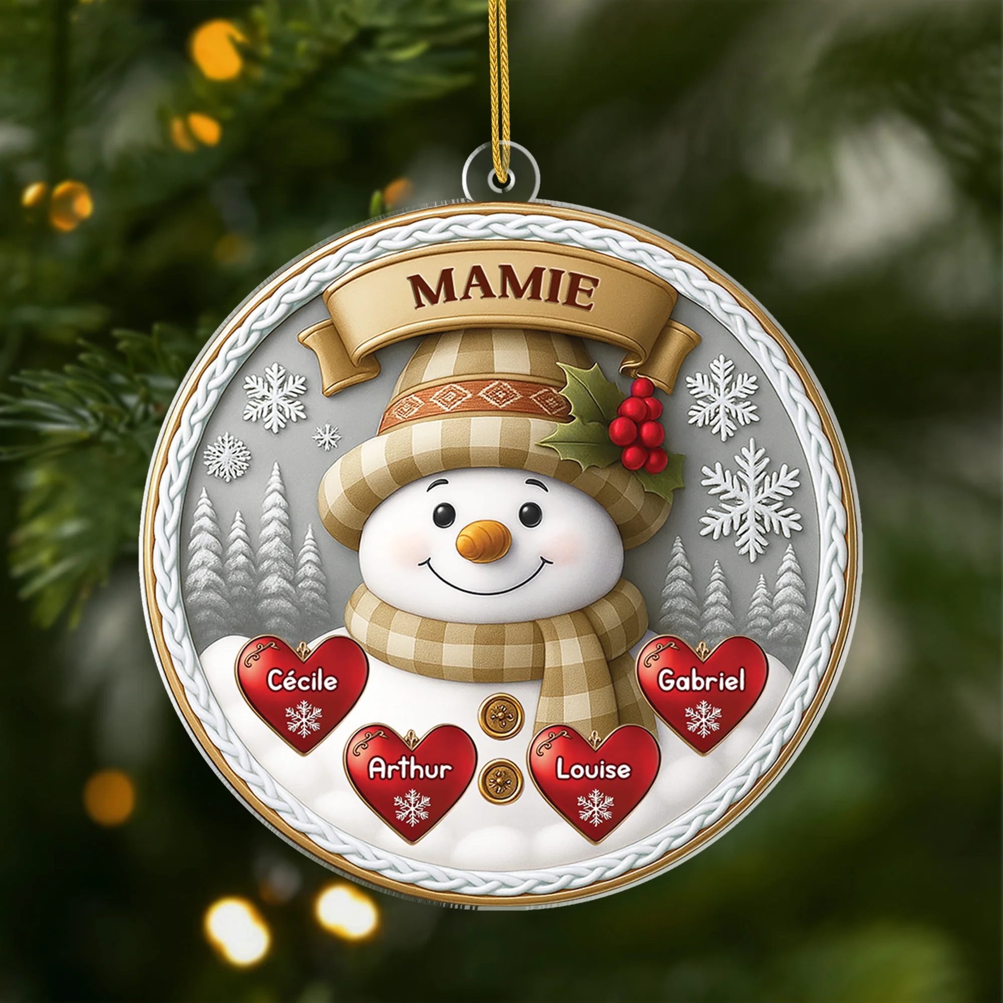 [Effet d'impression 3D] Ornement Noël Acrylique Personnalisé - Maman Mamie Bonhomme De Neige Avec Cœur