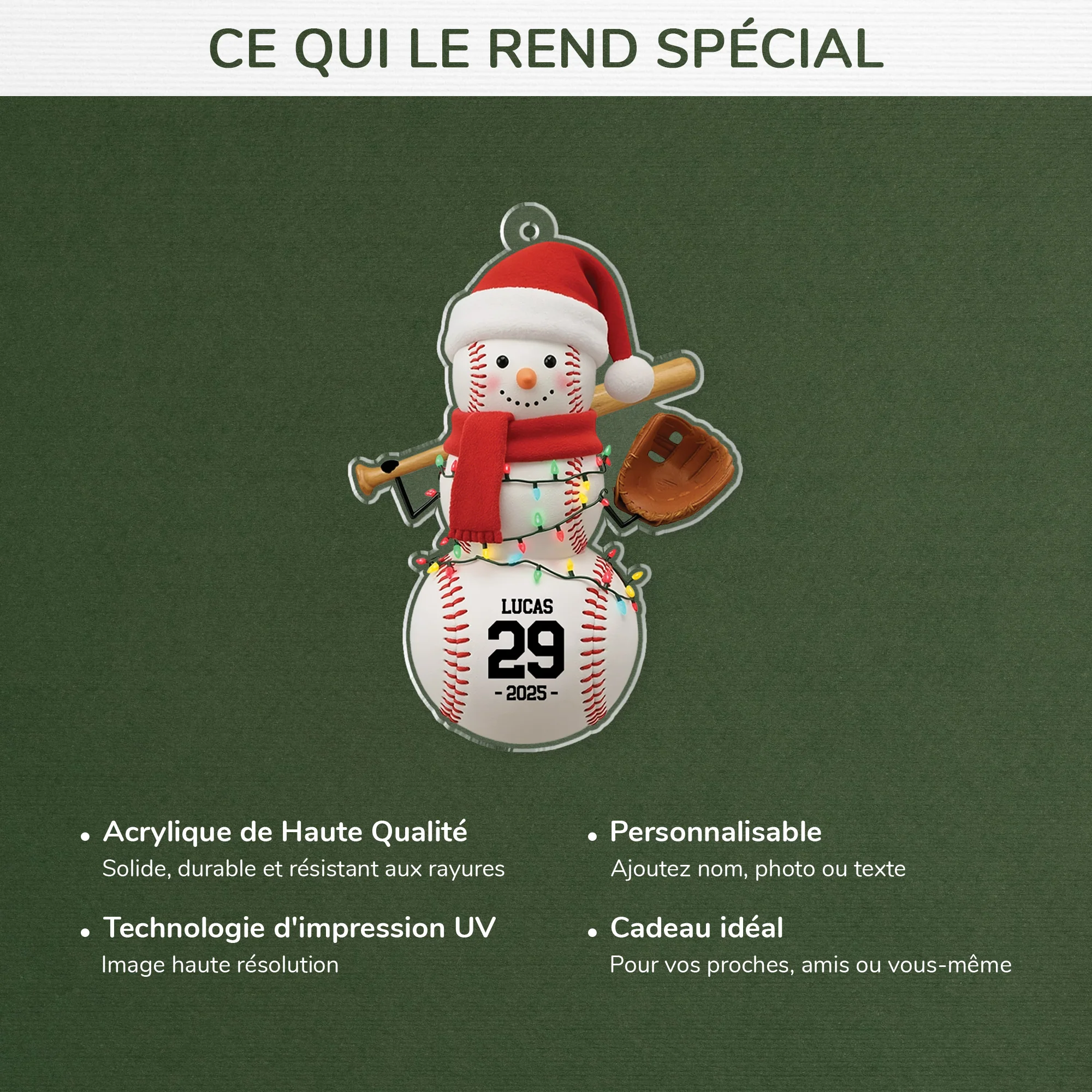 [Effet d'impression 3D] Ornement Noël Acrylique Personnalisé Pour Femme/Homme - Le Baseball - Image 4