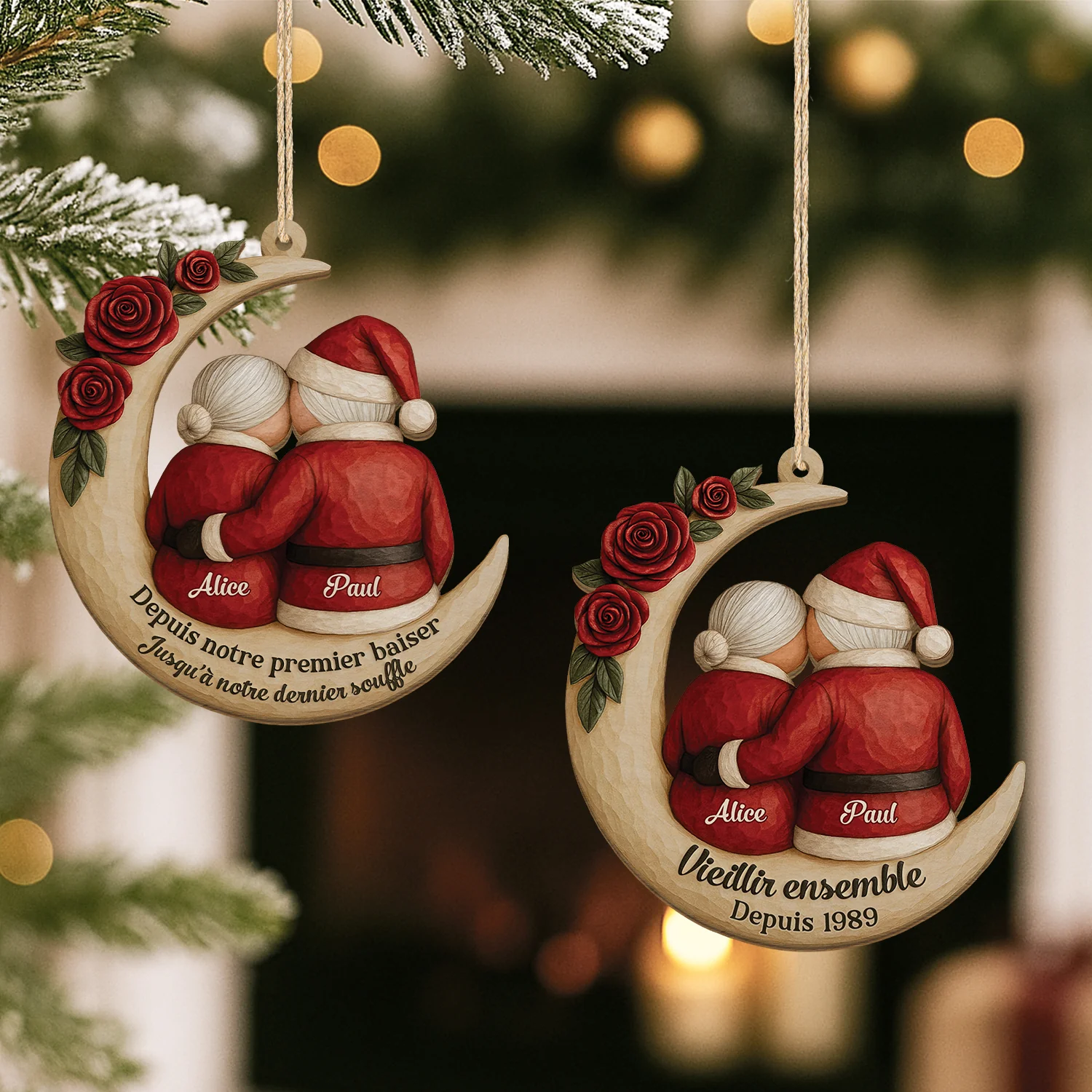 [Effet d'impression 3D] Ornement En Bois À 1 Couche Personnalisé Couple Père Noël - Depuis Premier Baiser - Image 2
