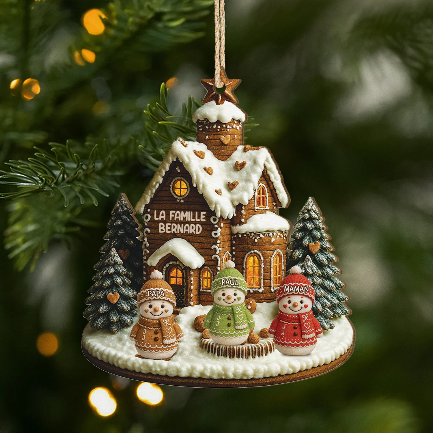 [Effet d'impression 3D] Ornement Noël En Bois À 1 Couche Personnalisé - Famille Du Bonhomme De Neige