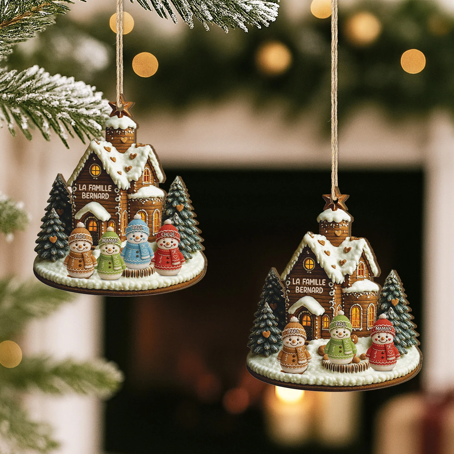[Effet d'impression 3D] Ornement Noël En Bois À 1 Couche Personnalisé - Famille Du Bonhomme De Neige - Image 2