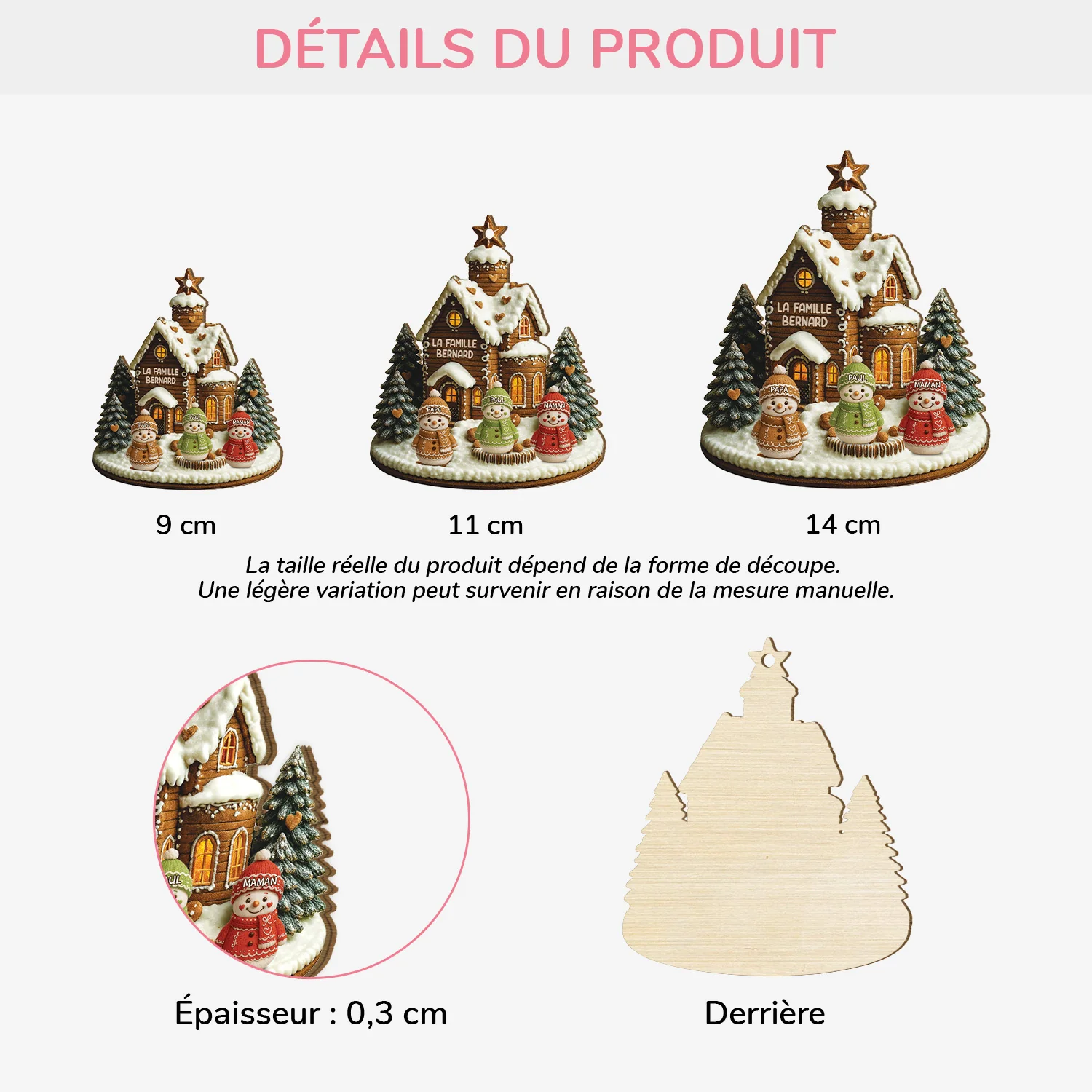 [Effet d'impression 3D] Ornement Noël En Bois À 1 Couche Personnalisé - Famille Du Bonhomme De Neige - Image 3