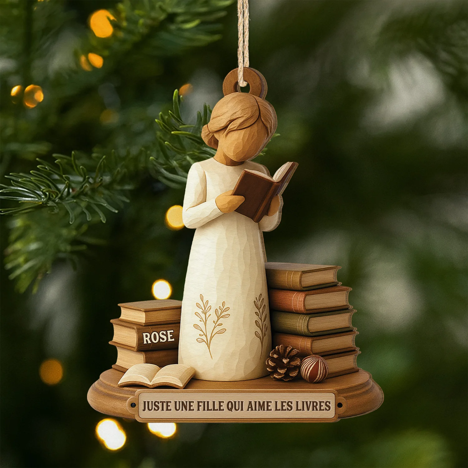 [Effet d'impression 3D] Ornement Noël En Bois À 1 Couche Personnalisé - Fille Qui Aime Les Livres