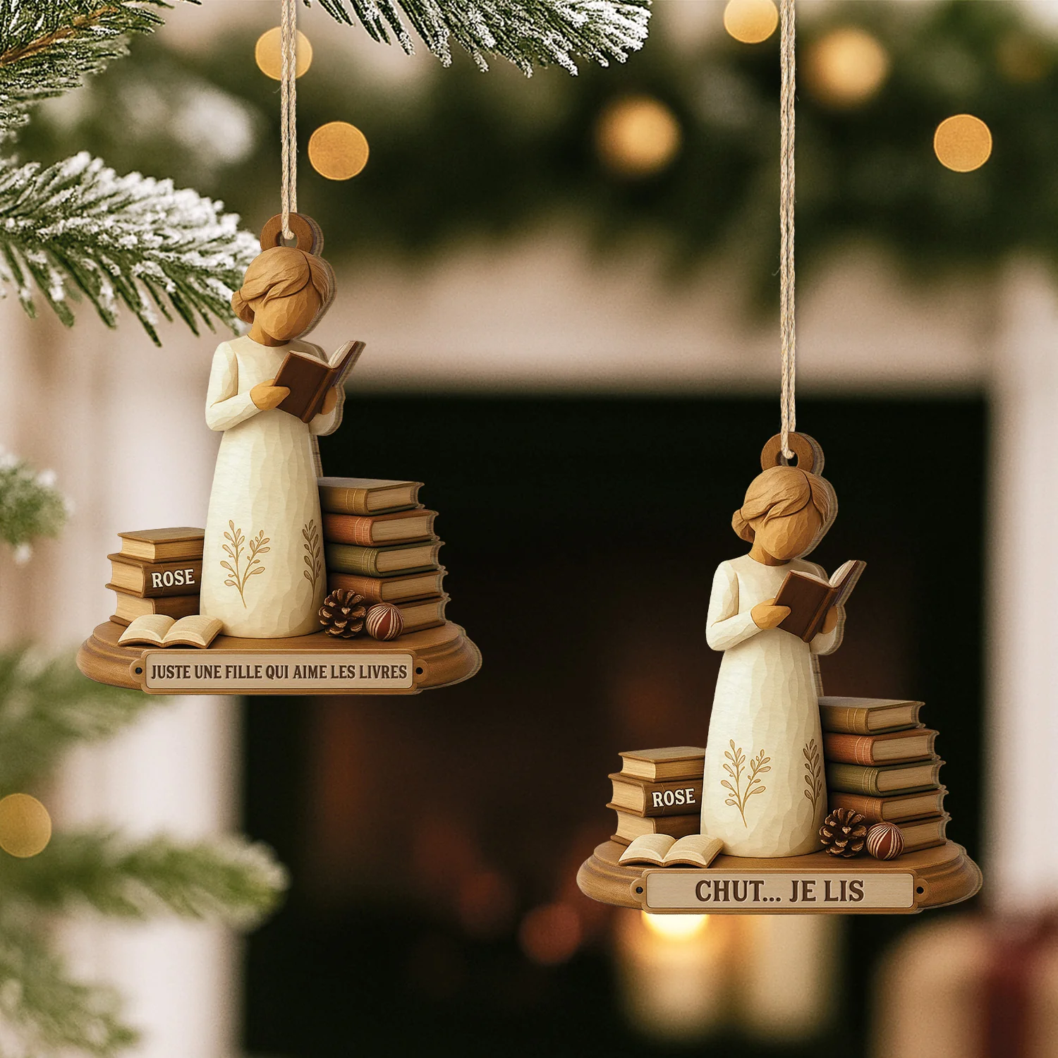 [Effet d'impression 3D] Ornement Noël En Bois À 1 Couche Personnalisé - Fille Qui Aime Les Livres - Image 2
