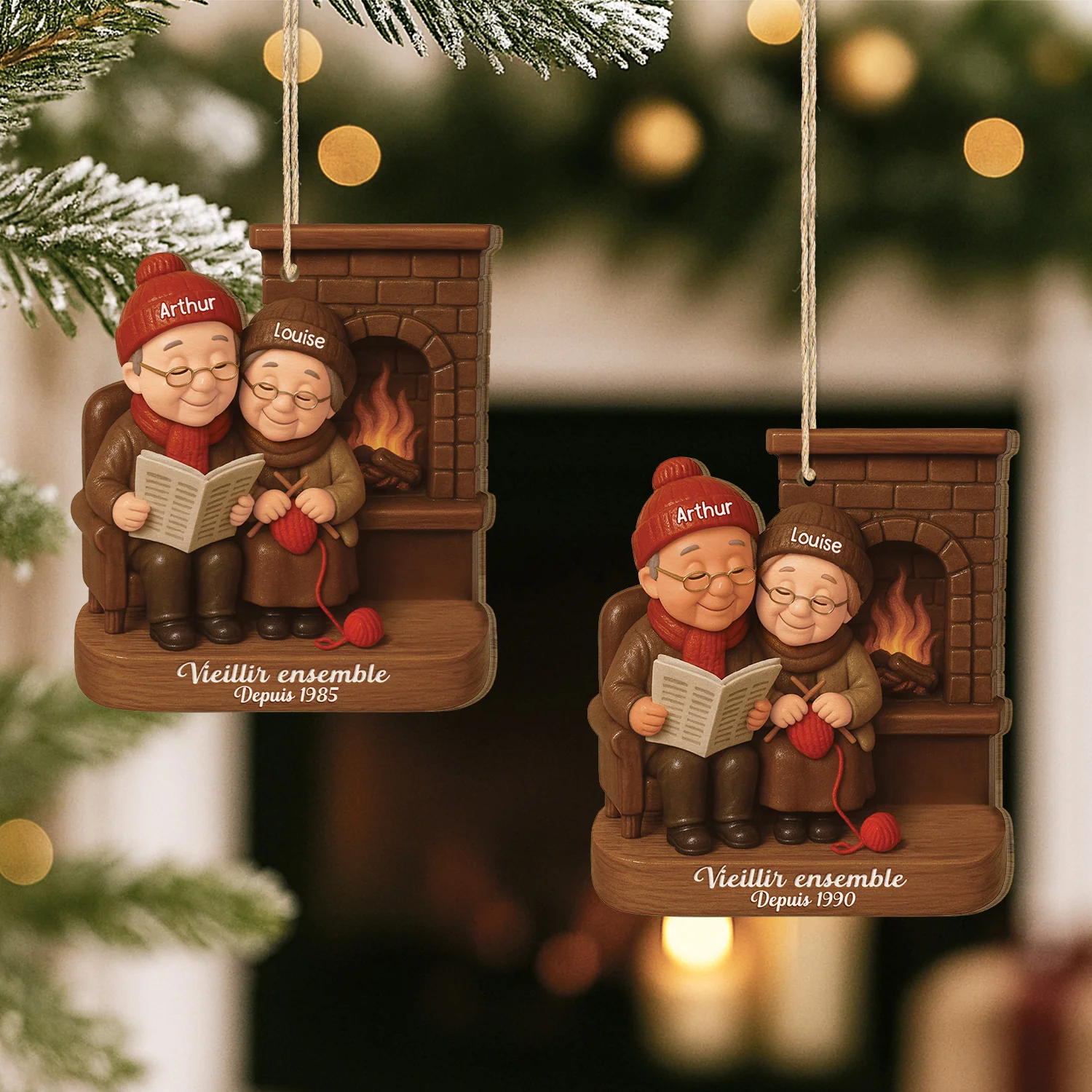 [Effet d'impression 3D] Ornement Noël En Bois À 1 Couche Personnalisé - Vieillir Ensemble Couple Affectueux - Image 2