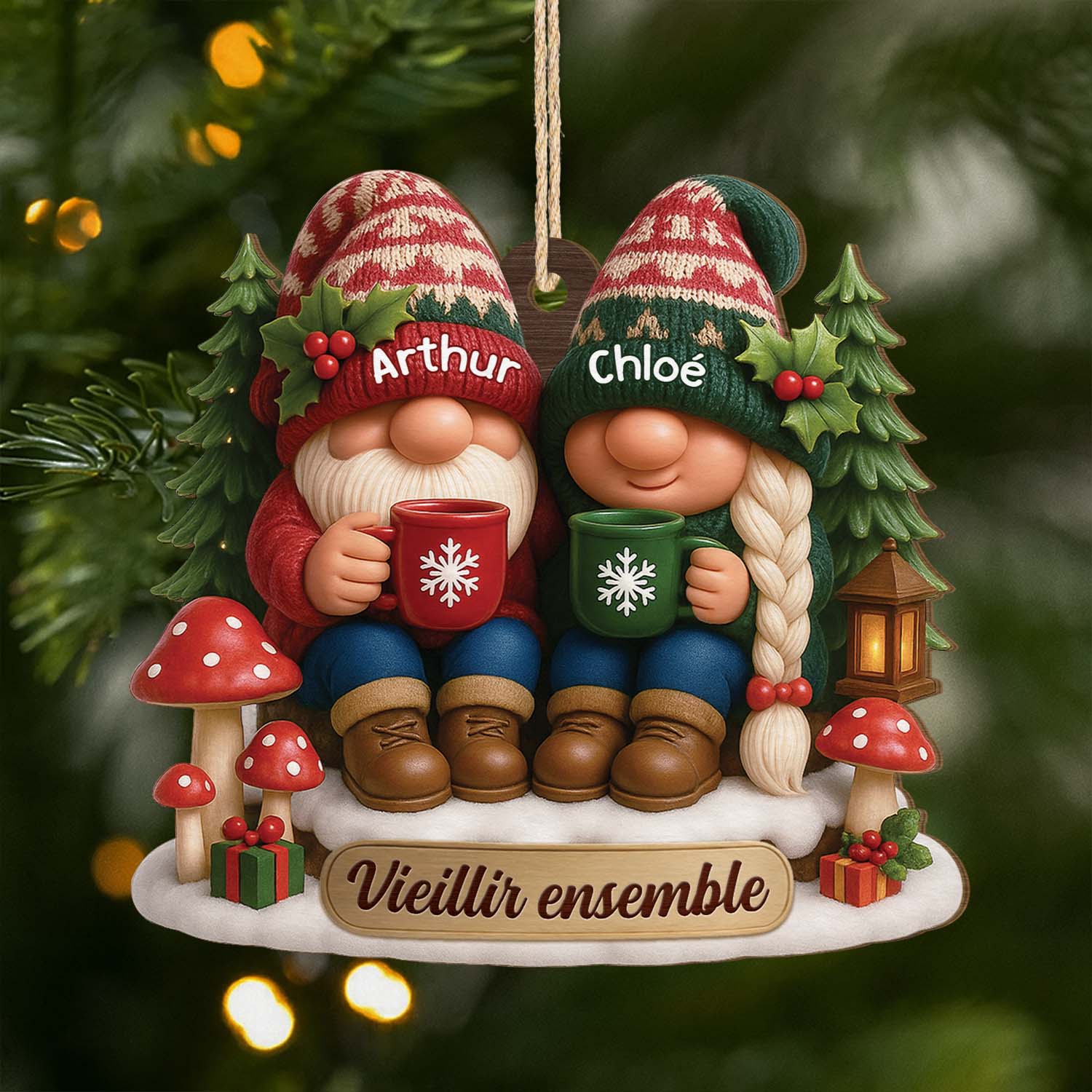 [Effet d'impression 3D] Ornement Noël En Bois À 1 Couche Personnalisé - Vieillir Ensemble Couple Gnome