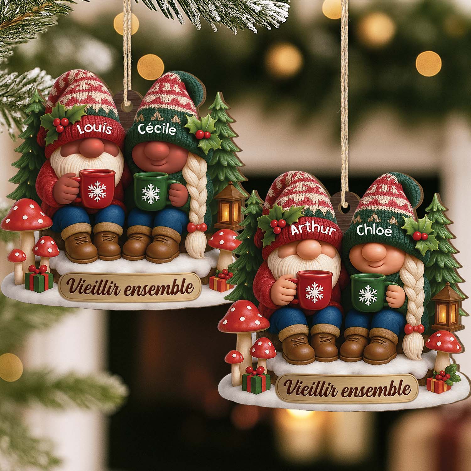 [Effet d'impression 3D] Ornement Noël En Bois À 1 Couche Personnalisé - Vieillir Ensemble Couple Gnome - Image 2