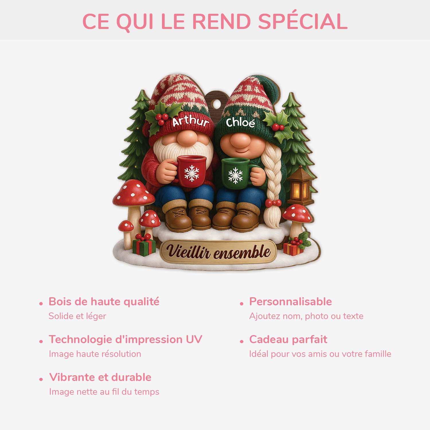 [Effet d'impression 3D] Ornement Noël En Bois À 1 Couche Personnalisé - Vieillir Ensemble Couple Gnome - Image 4