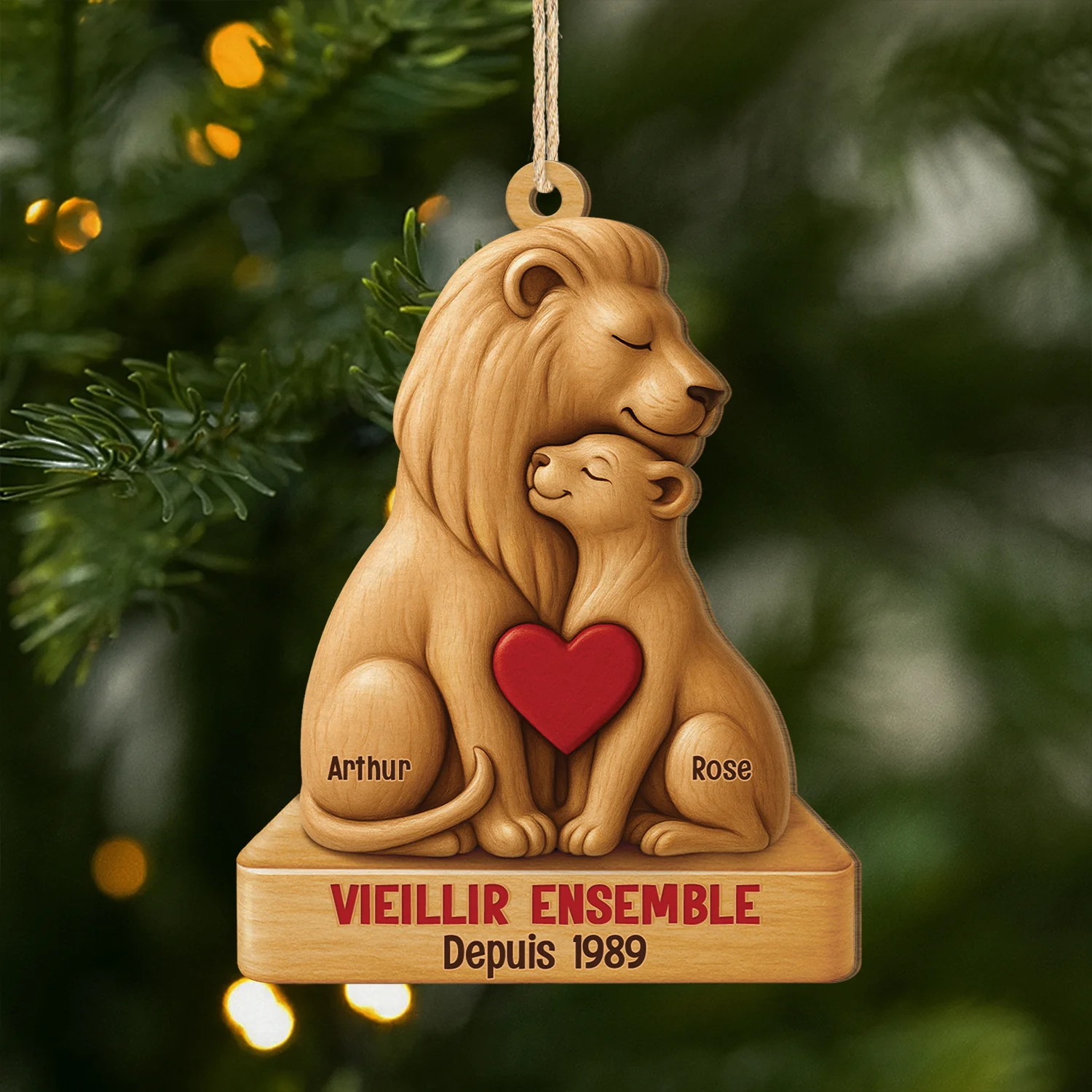 [Effet d'impression 3D] Ornement Noël En Bois À 1 Couche Personnalisé - Vieillir Ensemble Couple Lion