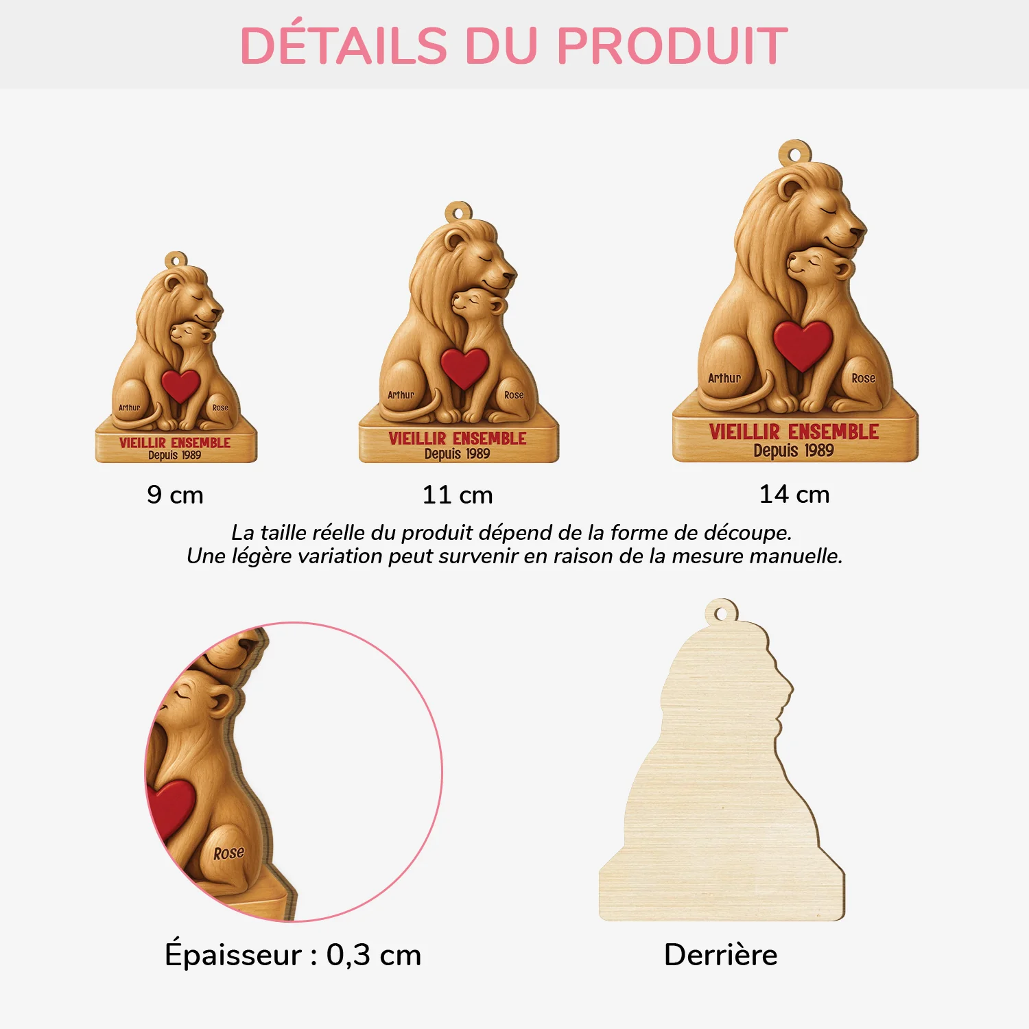 [Effet d'impression 3D] Ornement Noël En Bois À 1 Couche Personnalisé - Vieillir Ensemble Couple Lion - Image 3