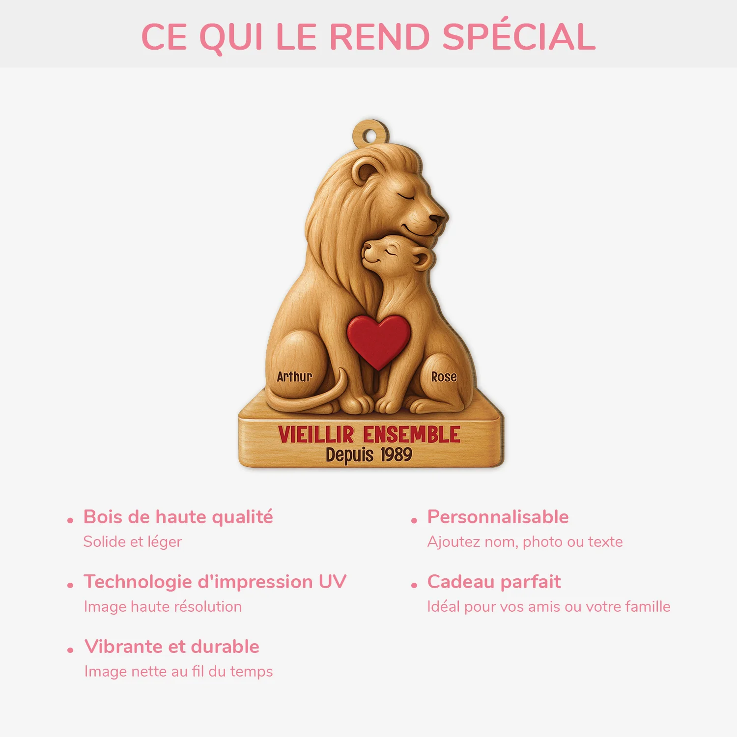 [Effet d'impression 3D] Ornement Noël En Bois À 1 Couche Personnalisé - Vieillir Ensemble Couple Lion - Image 4