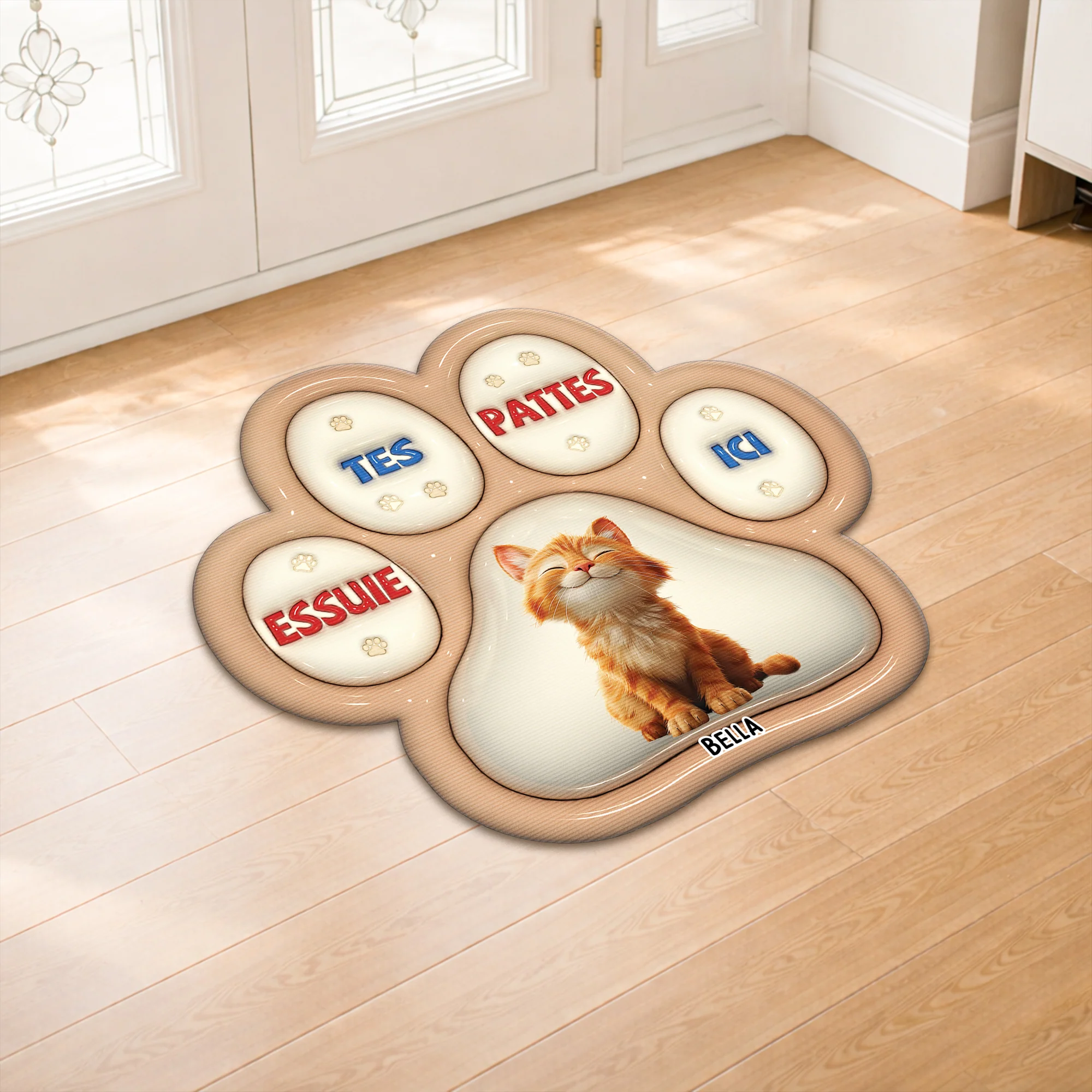 [Effet d'impression 3D] Paillasson Chat Personnalisé À Forme Découpée - Essuie Tes Pattes Ici - Image 2