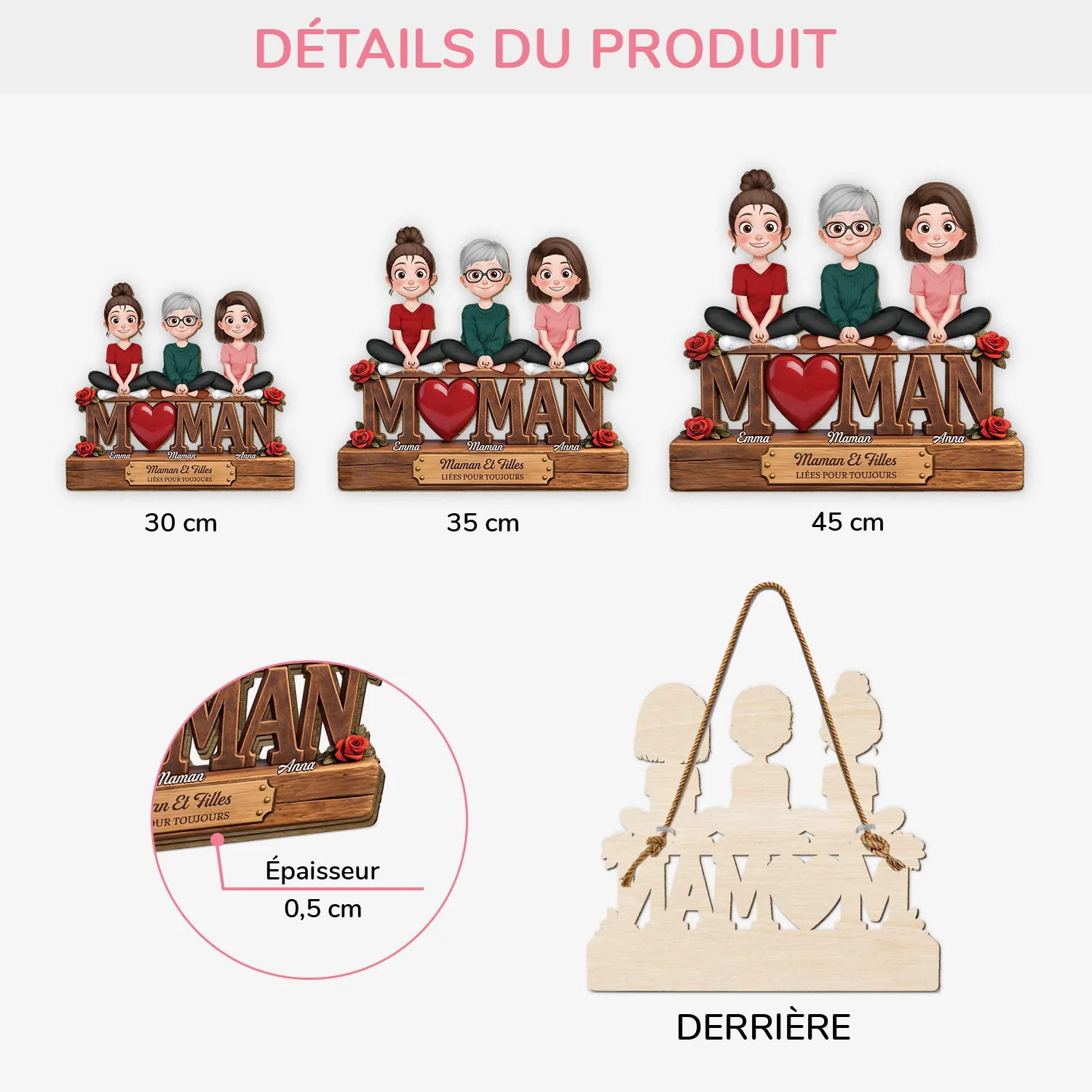 [Effet d'impression 3D] Plaque Bois Personnalisée À Suspendre - Lien Entre Maman Mamie Et Fille - Image 3