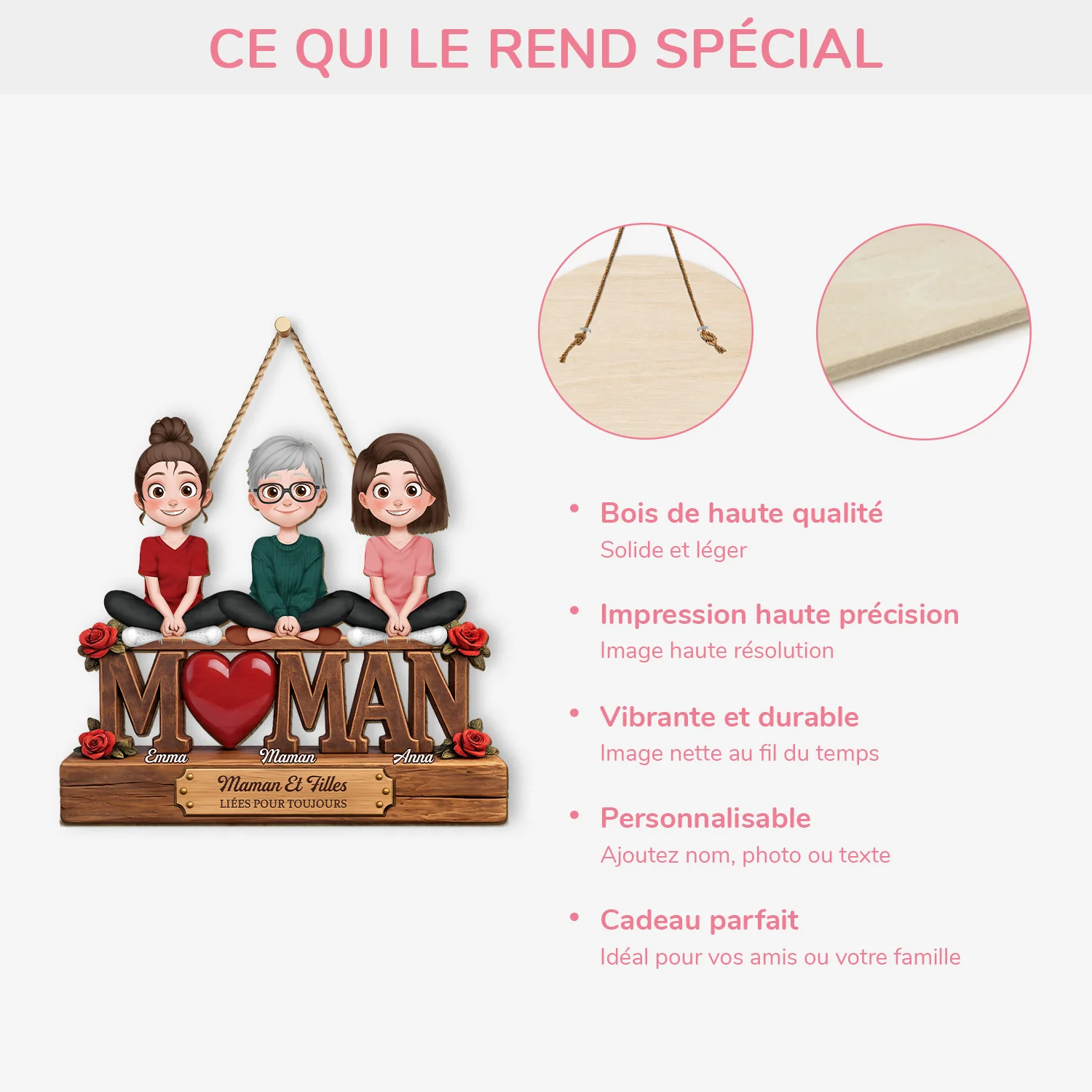 [Effet d'impression 3D] Plaque Bois Personnalisée À Suspendre - Lien Entre Maman Mamie Et Fille - Image 4