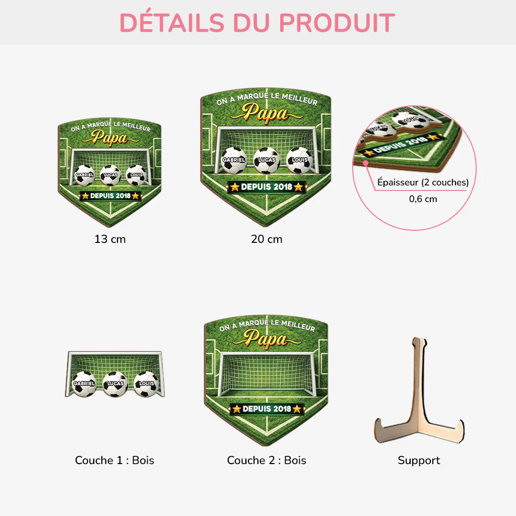 [Effet d'impression 3D] Plaque Bois Personnalisée Pour Cadeau Foot - Le Meilleur Papa Papi - Image 3
