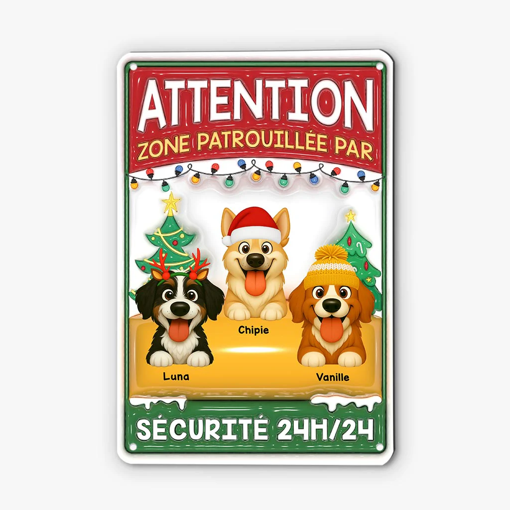 [Effet d'impression 3D] Plaque En Métal Personnalisée De Noël - Zone Patrouillée Par Chien