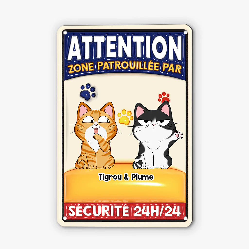 Plaque personnalisable effet 3D – Zone patrouillée par des chats