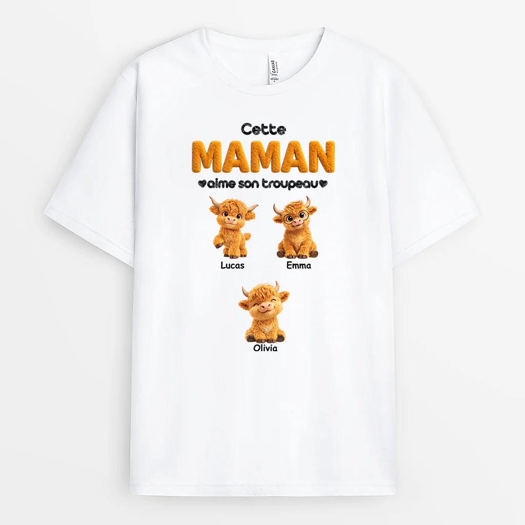[Effet d'impression 3D] T-shirt Personnalisé Maman Papa - Son Troupeau De Vache Highland - Image 2