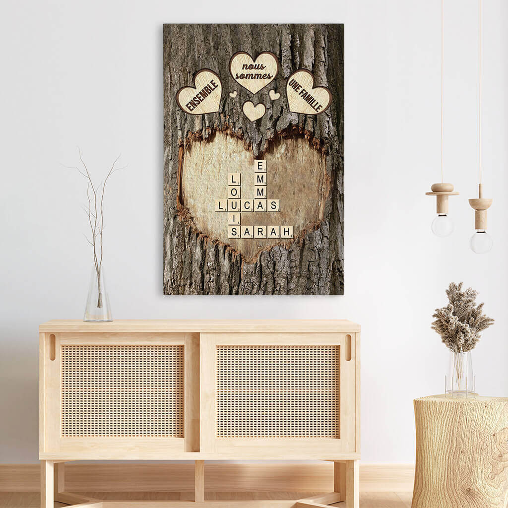 Toile mot croisé avec prénom personnalisé pour famille - Ensemble nous sommes une famille - Effet 3D - Image 3