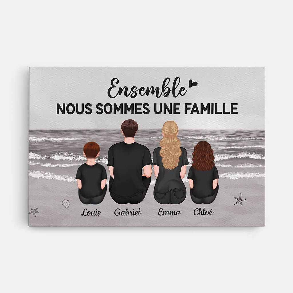 Toile Prénom Personnalisé Famille - Ensemble Nous Formons Une Famille Version Mer Monochrome