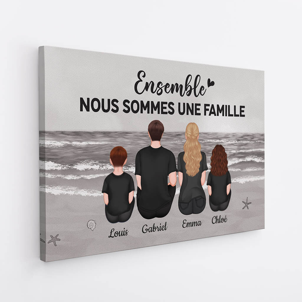 Toile Prénom Personnalisé Famille - Ensemble Nous Formons Une Famille Version Mer Monochrome - Image 2